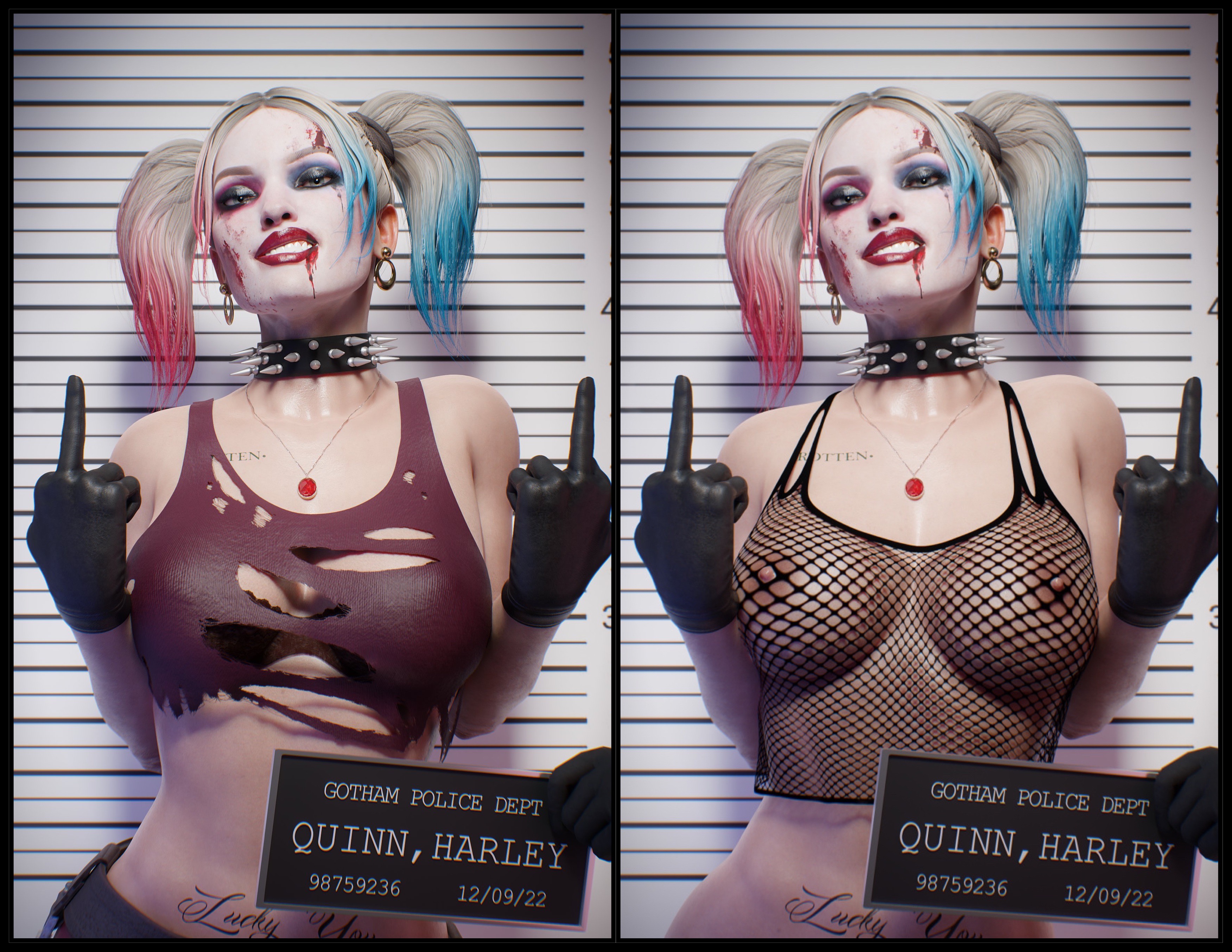 1girls, 3d, batman (series), big breasts, black gloves, blonde hair, blue eyes, breasts, choker, dc, dc comics, earrings, eyeshadow, female, female focus, female only, fishnet shirt, fugtrup, gloves, harley quinn, harley quinn (injustice), injustice 2, leather gloves, lipstick, looking at viewer, middle finger, multicolored hair, naked from the waist down, necklace, nipples, smile, spiked collar, tattoo, torn clothes, twintails