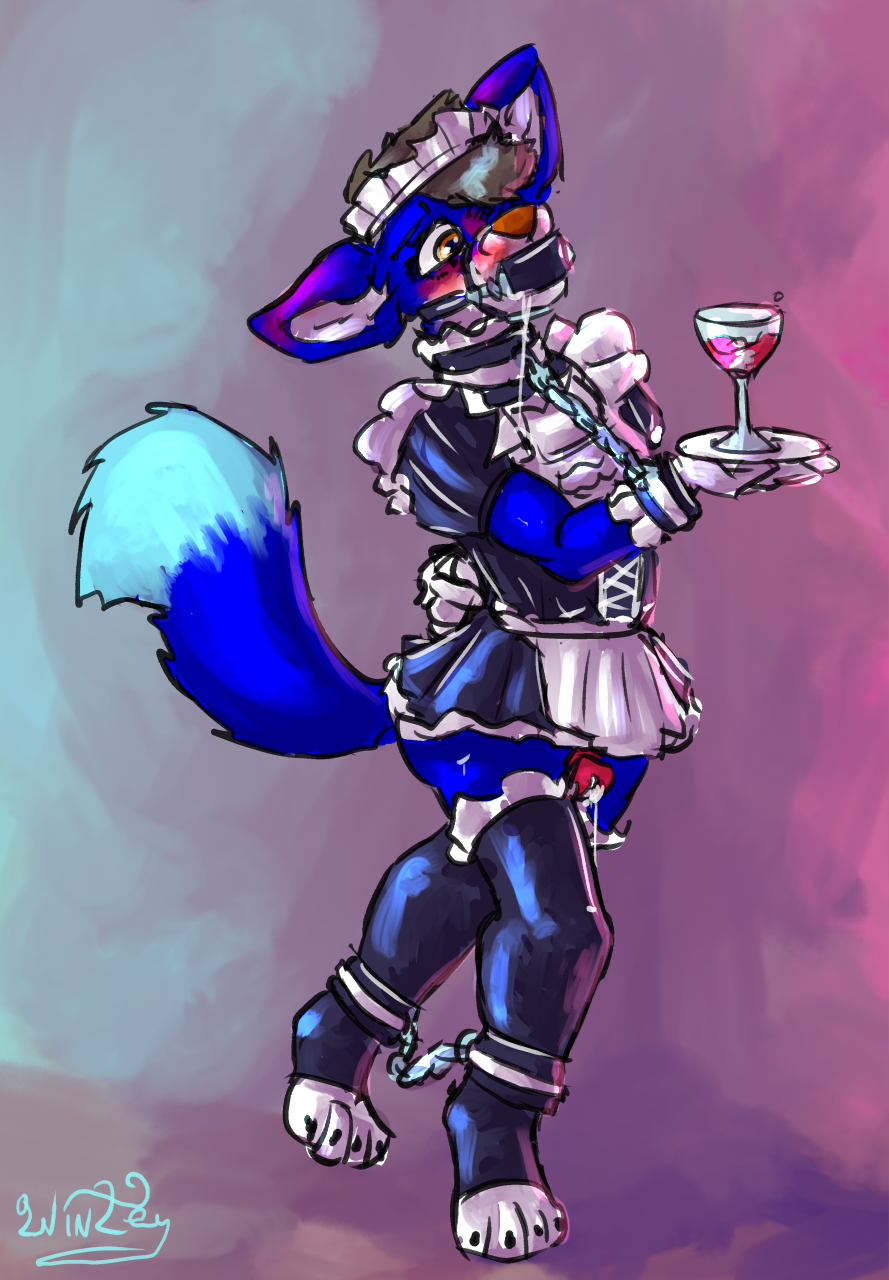 aliaspseudonym ankle_chain anthro armbinder binder_(restraint) bondage_gear canid canine chastity_cage chastity_device clothing fox furry gag hi_res maid_uniform male mammal panel_gag restraints solo uniform warrenfox