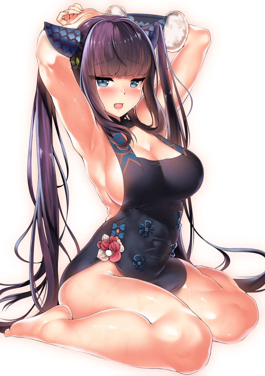 armpits bangs bare_shoulders black_dress blue_eyes blunt_bangs blush breasts china_dress chinese_clothes cleavage detached_sleeves dress fate/grand_order fate_(series) female hair_ornament highres kawai_(purplrpouni) large_breasts leaf_hair_ornament long_hair looking_at_viewer presenting_armpit purple_hair short_dress sidelocks sitting solo thighs twintails very_long_hair white_background yang_guifei_(fate) yang_guifei_(fate/grand_order)