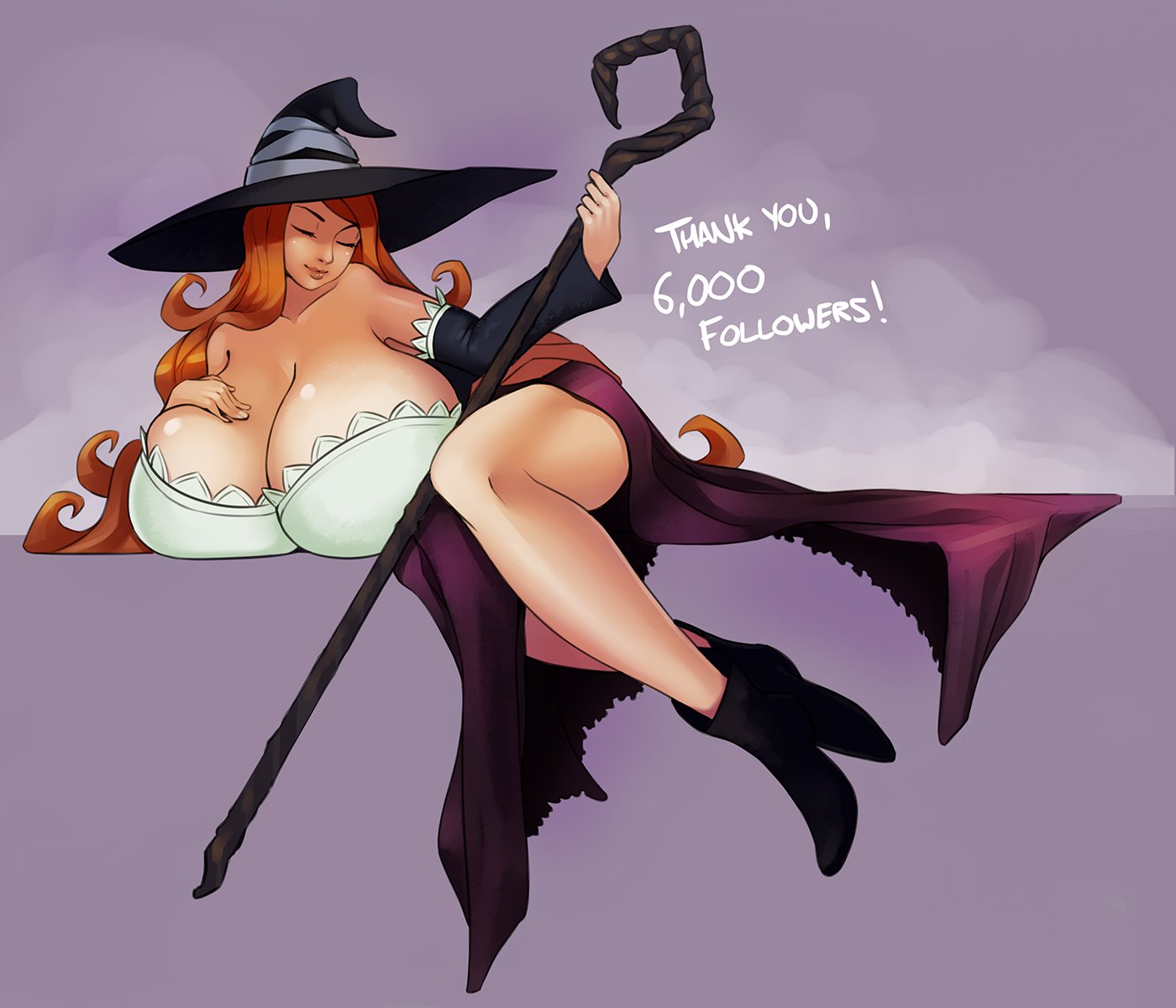 boots, breast suppress, breasts, cleavage, closed eyes, closed mouth, degeneratepai, dragon's crown, dress, female, gigantic breasts, hat, holding, long hair, lying, on side, orange hair, smile, sorceress (dragon's crown), staff, witch, witch hat