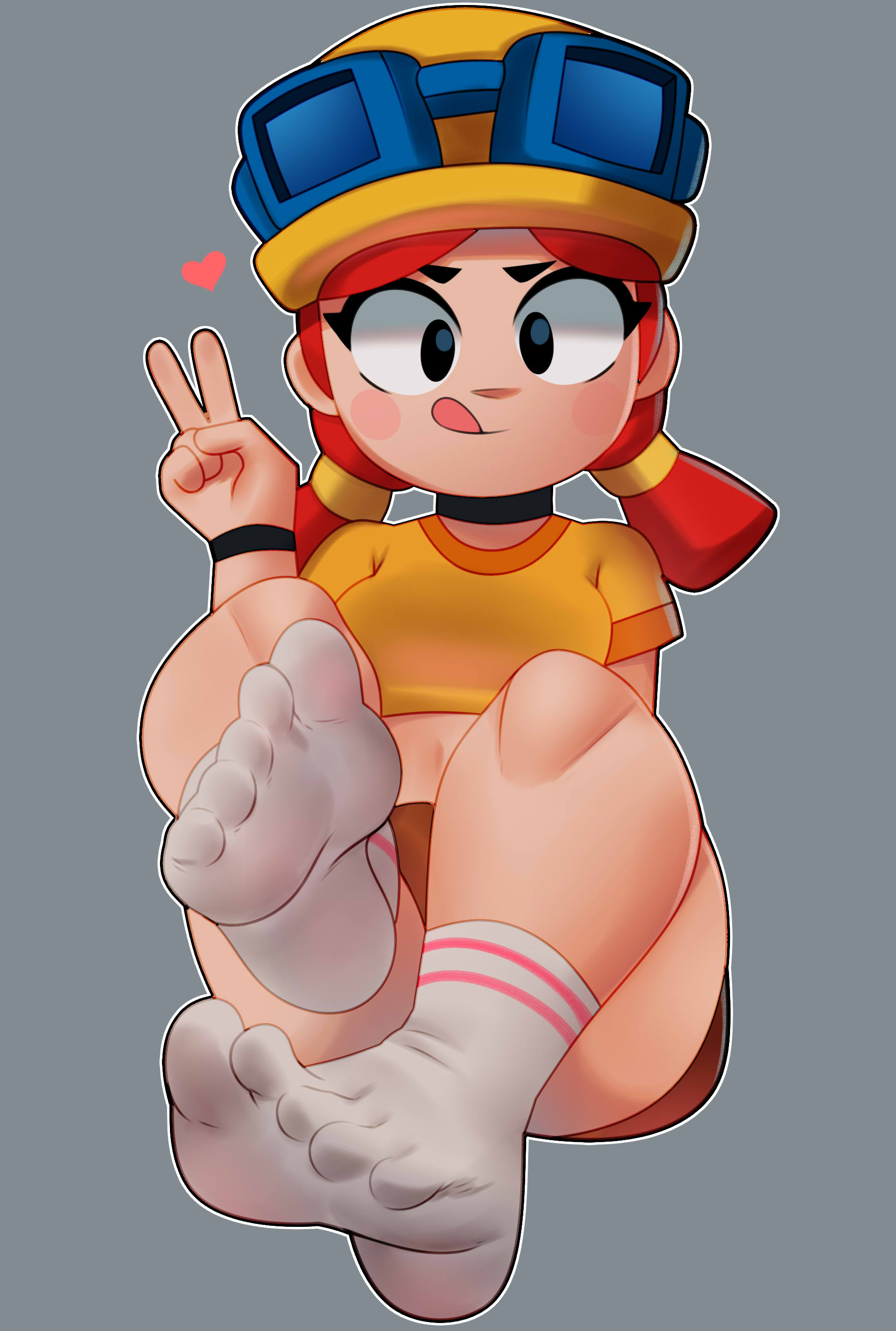aged up, brawl stars, cute, cute face, feet, female, female only, hat, jessie (brawl stars), postblue98, red hair, socks, supercell, thick thighs, tongue, tongue out, v sign, white skin
