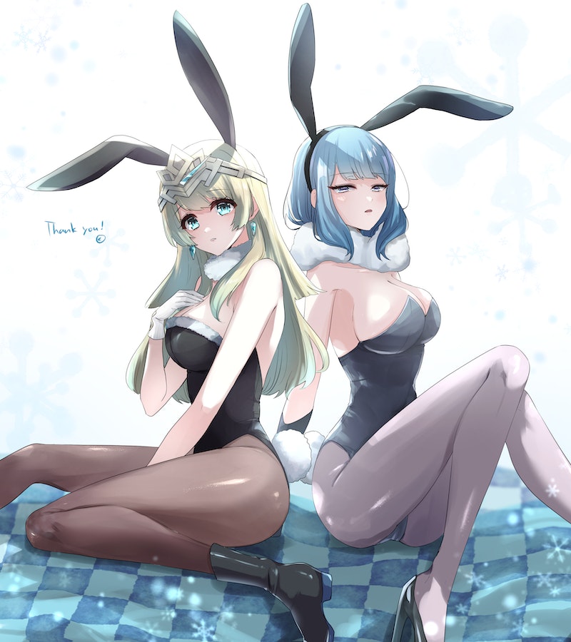 2girls alternate_costume alternate_hairstyle animal_ears arms_behind_back bangs bare_shoulders black_leotard blonde_hair blue_eyes blue_hair breasts bunny_ears bunny_girl bunnysuit cleavage commission crown crystal detached_collar earrings fake_animal_ears fake_tail female female_only fire_emblem fire_emblem_heroes fjorm_(fire_emblem) fjorm_(ice_ascendant)_(fire_emblem) fur_trim gloves gradient_hair hair_ornament hand_on_own_chest high_heels ice jewelry kuratarou0011 large_breasts leotard long_hair looking_at_viewer mature_female medium_breasts multicolored_hair multiple_girls nifl_(fire_emblem) nintendo official_alternate_hairstyle open_mouth pantyhose playboy_bunny plunging_neckline rabbit_ears rabbit_tail short_hair simple_background skeb_commission skin_tight snowflakes spread_legs stare_down strapless strapless_leotard tail thighs tiara tile_floor tiles undersized_breast_cup white_gloves