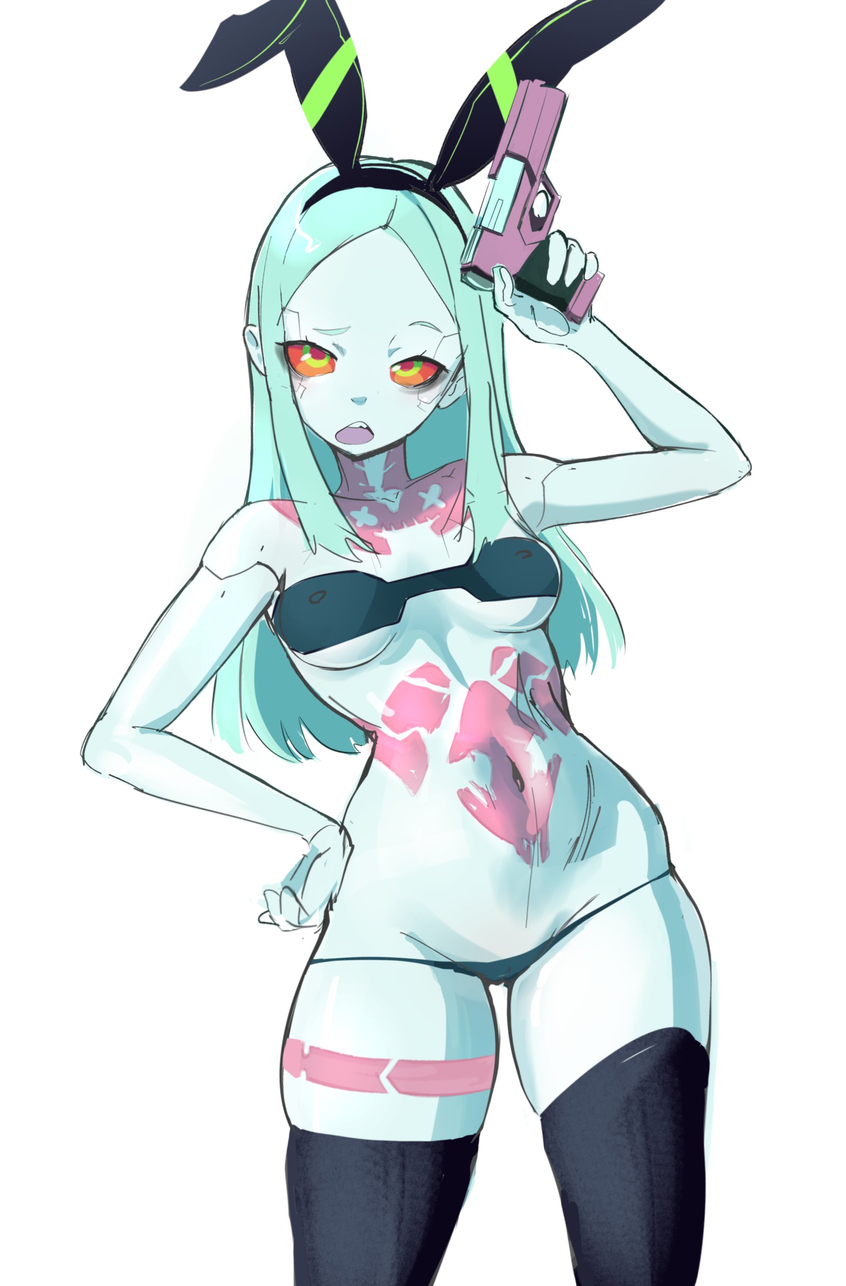 1girls, body markings, breasts, bunny ears, bunnysuit, cyberpunk 2077, cyberpunk: edgerunners, cyborg, eye contact, female, female only, firearm, green eyes, gun, handgun, human, legwear, long hair, looking back, miaru, pale skin, rebecca (edgerunners), red sclera, shortstack, solo, solo female, standing, thigh gap, thighhighs, thighs, thong, tomboy, weapon, white background