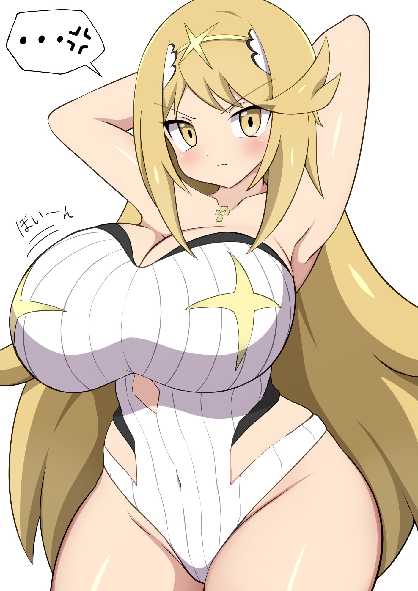 1girls, big breasts, blonde hair, blush, breasts, embarrassed, female, jaga334, mythra, nintendo, swimsuit, xenoblade (series), xenoblade chronicles 2, yellow eyes