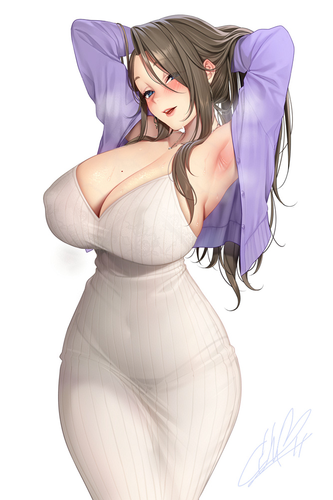 1girls 2022 arisa_kitamura_mama/喜多邑_ありさママ_(masami_chie) armpits arms_behind_head arms_up big_breasts blue_eyes blush bra breasts brown_hair cleavage curvy erect_nipples female female_only hourglass_figure huge_breasts large_breasts light-skinned_female light_skin looking_at_viewer masami_chie milf musk original pokies seductive seductive_smile see-through see-through_clothing solo solo_female solo_focus thick_thighs thong visible_stench wide_hips フェロモン家政婦さんは,元ヤンママ。