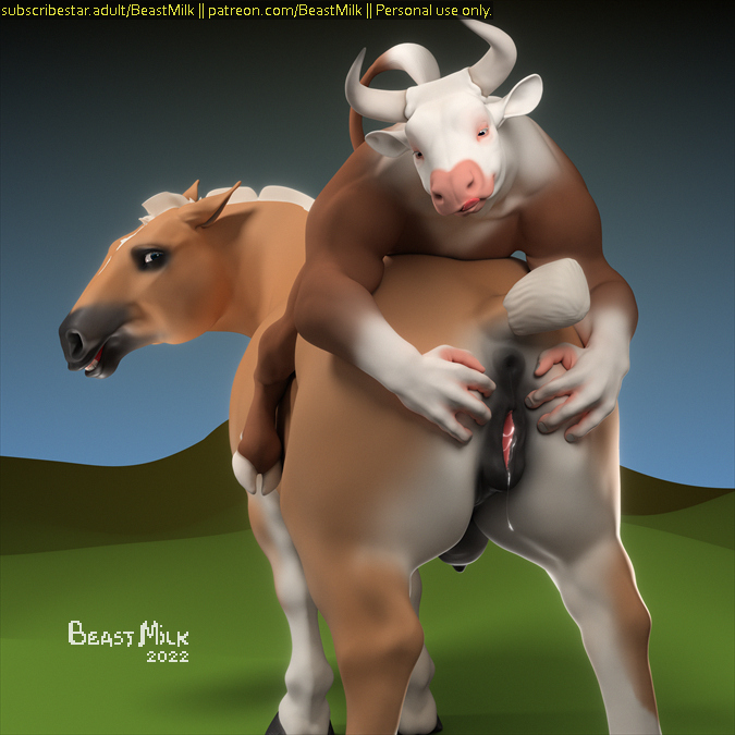 3d_(artwork) abstract_background ass beastmilk bovid bovine cattle crotchboobs digital_media_(artwork) docked_tail equid equine female genitals hooves horse licking licking_lips looking_at_viewer lying male mammal on_back pussy short_tail smile spread_butt spreading tongue tongue_out udders