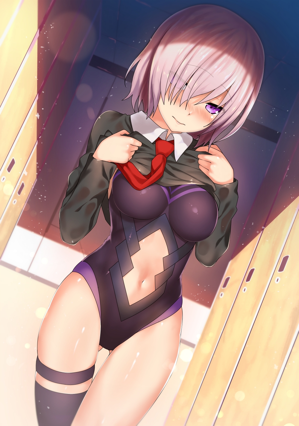 bangs black_leotard black_thighhighs blush breasts breasts_apart ceiling closed_mouth clothes_lift clothing_cutout collared_shirt cowboy_shot dutch_angle embarrassed evening eyes_visible_through_hair fate/grand_order fate_(series) female hair_over_one_eye head_tilt highres impossible_clothes impossible_leotard indoors kawai_(purplrpouni) large_breasts lens_flare leotard leotard_under_clothes lifted_by_self light_particles lips locker locker_room long_sleeves looking_at_viewer mash_kyrielight navel navel_cutout necktie nose_blush purple_eyes purple_hair red_necktie red_neckwear shade shirt short_hair silver_hair single_thighhigh skin_tight skindentation solo standing stomach sweater sweater_lift thigh_gap thigh_strap thighhighs thighs tiles undressing