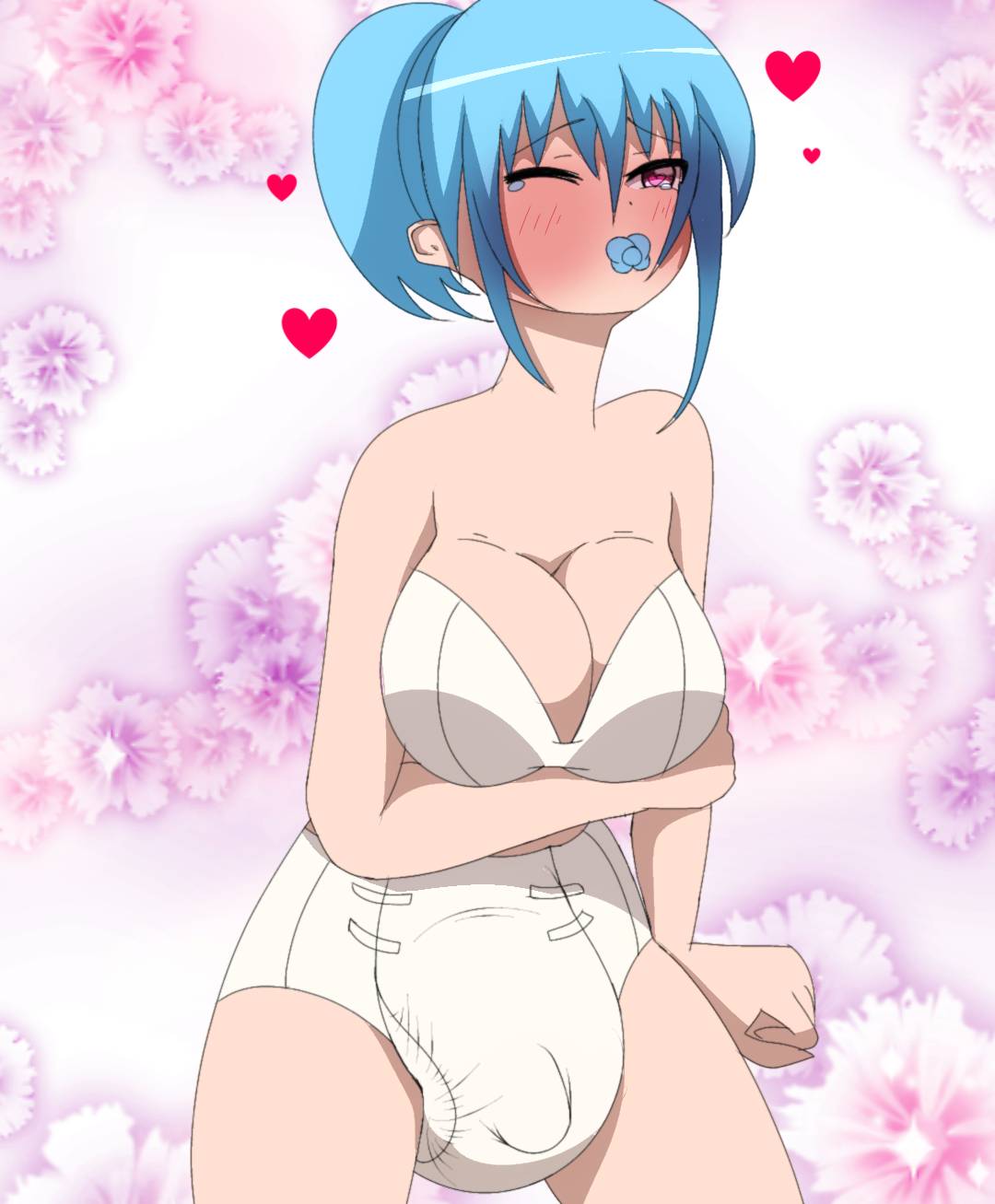 1futa, abdl, big breasts, blue hair, blush, breasts, bulge, cleavage, diaper, dickgirl, erection, erection under clothes, erection under diaper, futa only, futanari, intersex, large breasts, one eye closed, pacifier, penis, penis bulge, penis under clothes, solo futa, tenting, unknown artist