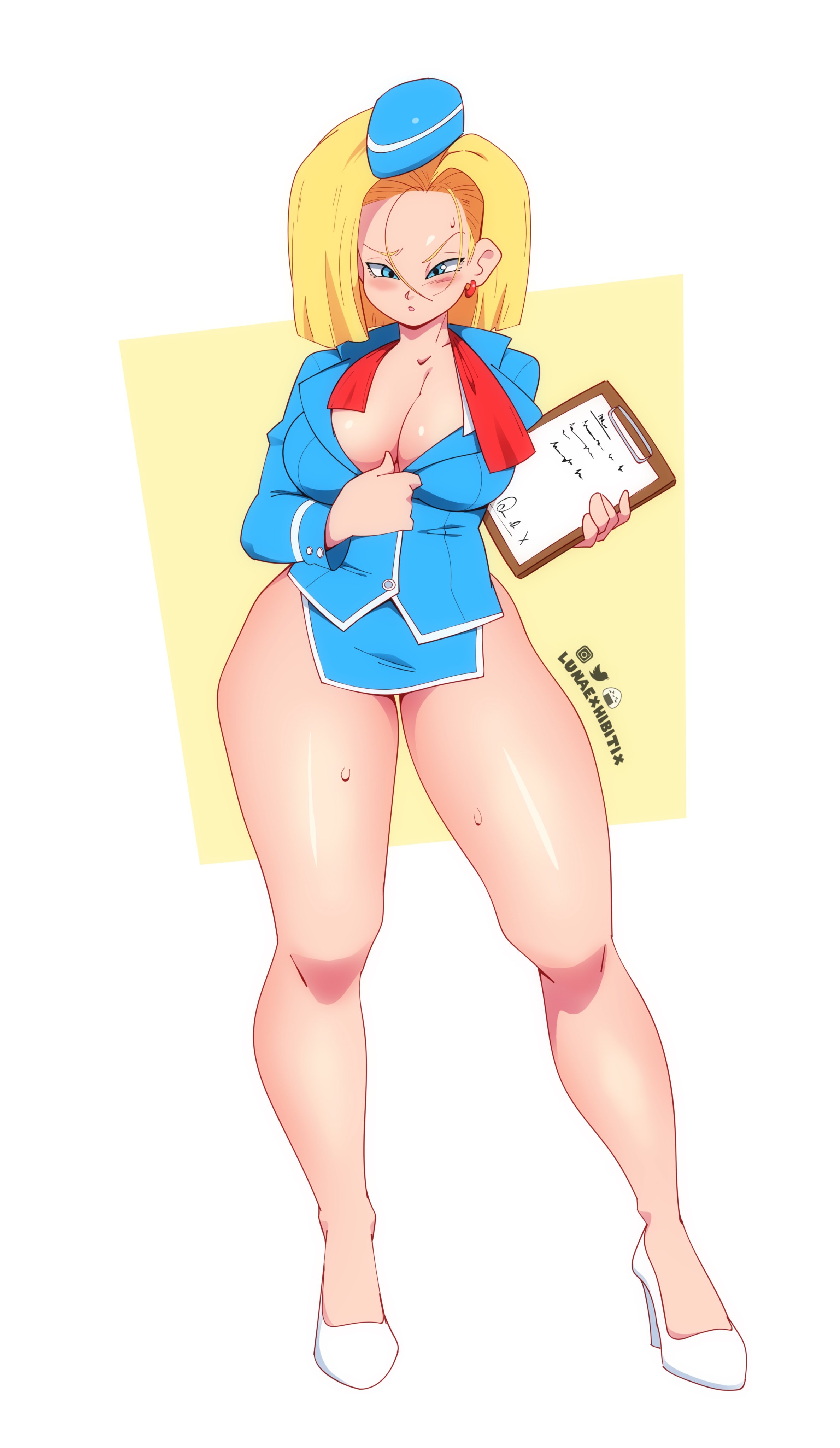 1girls, android 18, ass, blonde, blonde female, blonde hair, blonde-haired female, blue eyes, breasts, cleavage, clipboard, curvy, dragon ball, erect nipples, female, female only, high heels, huge areolae, huge ass, huge breasts, lunaexhabbitix, nipples, puffy nipples, revealing clothes, short hair, skimpy clothes, thick lips, uniform, voluptuous, wide hips, yellow hair