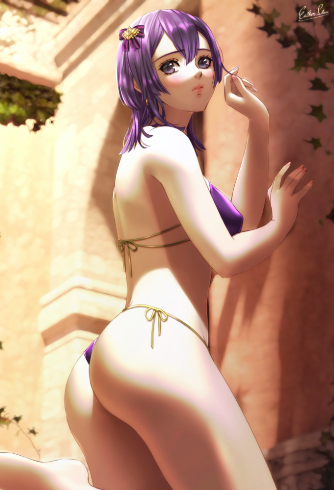 1girls ass bangs bare_arms bernadetta_von_varley big_ass bikini blurry blurry_background cowboy_shot esther-shen female female_only fire_emblem fire_emblem:_three_houses from_below grey_eyes hair_between_eyes hair_ornament long_hair nail_polish nintendo pink_nails post-timeskip purple_bikini purple_hair purple_swimsuit ribbon shiny shiny_hair side-tie_bikini_bottom solo standing standing_on_one_leg swimsuit toenail_polish toenails yellow_ribbon