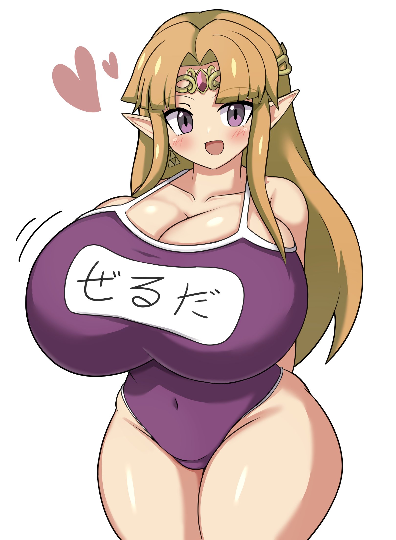1girls, a link between worlds, alternate breast size, breasts, female, huge breasts, jaga334, japanese text, nintendo, one-piece swimsuit, princess zelda, solo, the legend of zelda, translation request, zelda (a link between worlds)