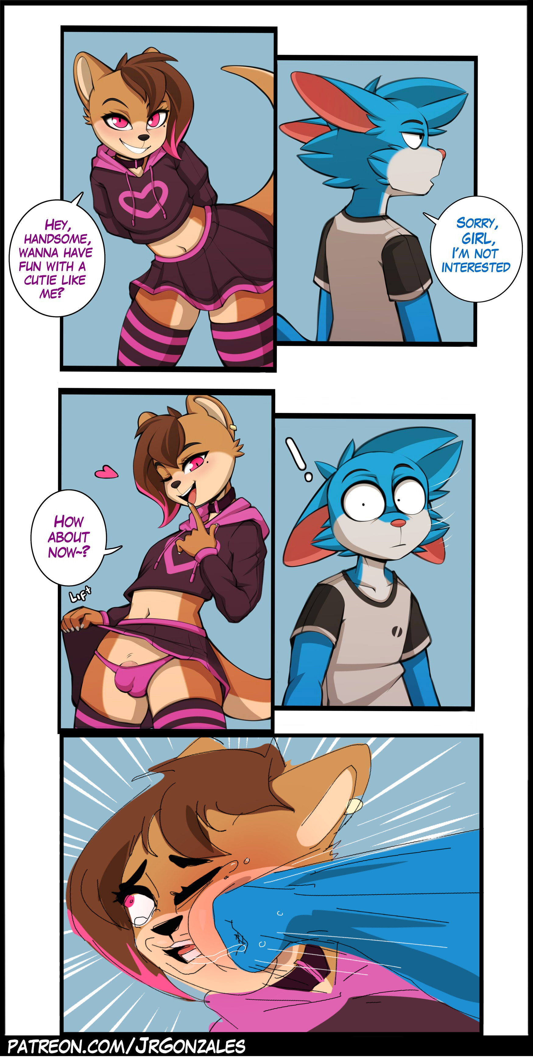 absurd res, anthro, blue body, blue fur, blush, bottomwear, bulge, canid, canine, clothed, clothing, crossdressing, dialogue, domestic cat, duo, edit, english text, exclamation point, felid, feline, felis, femboy, fox, funny, fur, gay, gay male, genitals, girly, heart, hi res, humor, invitation, inviting, inviting to sex, jay-r, jay-r (character), legwear, male, mammal, one eye closed, open mouth, penis, punch, raised bottomwear, raised clothing, raised skirt, skirt, smile, text, underwear, url, violence, yaoi