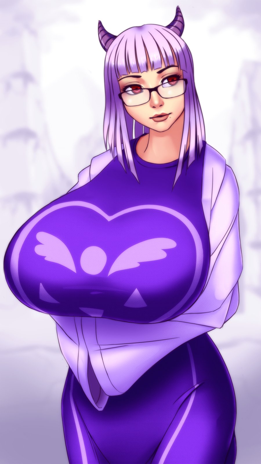 1girls 2017 2d cowboy_shot curvy degeneratepai dress female female_only gigantic_breasts glasses hands_together horns humanized long_hair purple_hair red_eyes solo standing toriel undertale undertale_(series)