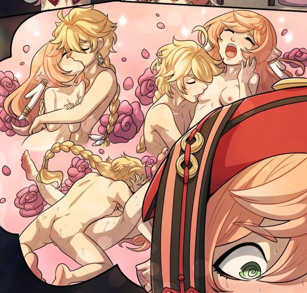 aether (genshin impact), blonde hair, breast sucking, breasts, daydream, female, genshin impact, green eyes, hat, horns, kinkymation, kissing, male, pink hair, red hat, sex, small breasts, yanfei (genshin impact)