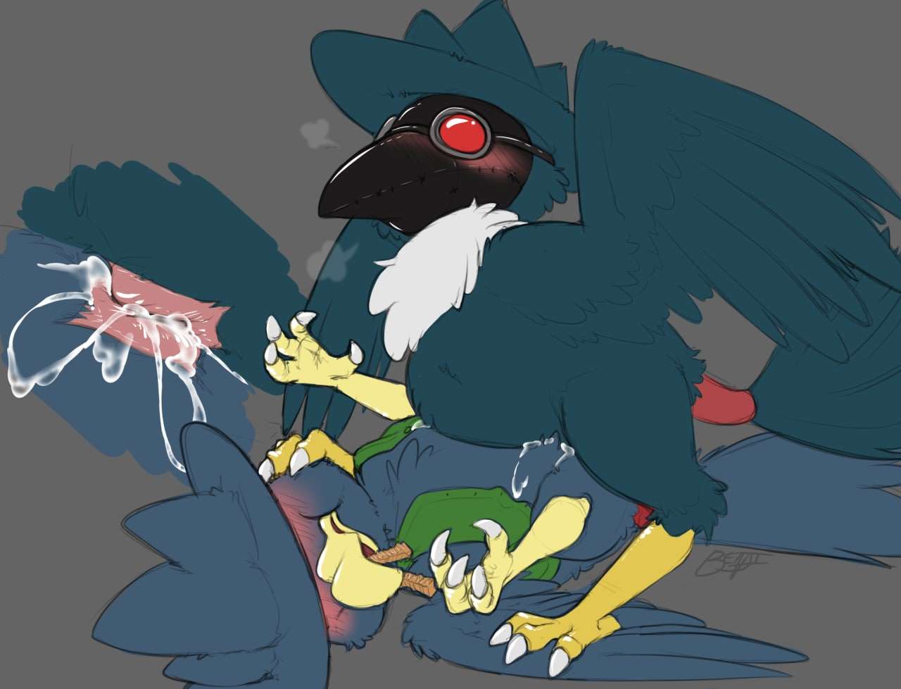 after_transformation ambiguous_gender animal_genitalia animal_mask beak beak_mask benji_(artist) blush bodily_fluids cloaca cloacal cloacal_kiss clothing cum duo eating feathered_wings feathers feral feral_on_feral food fries generation_2_pokemon generation_4_pokemon genital_fluids genitals honchkrow hybrid_pokemon linker mask murkrow nintendo pokemon pokemon_(species) psijic sex talons topwear video_games wings