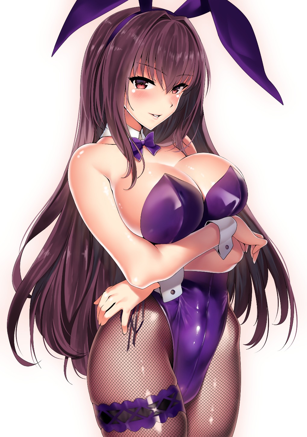 animal_ears arms_under_breasts blush breasts bunnysuit cleavage crossed_arms detached_collar fake_animal_ears fate/grand_order fate_(series) female fishnet_pantyhose fishnets hairband highleg highleg_leotard highres kawai_(purplrpouni) large_breasts leotard long_hair official_alternate_costume pantyhose playboy_bunny purple_hair purple_hairband purple_leotard rabbit_ears red_eyes scathach_(fate) scathach_(piercing_bunny) smile solo strapless strapless_leotard white_background wrist_cuffs