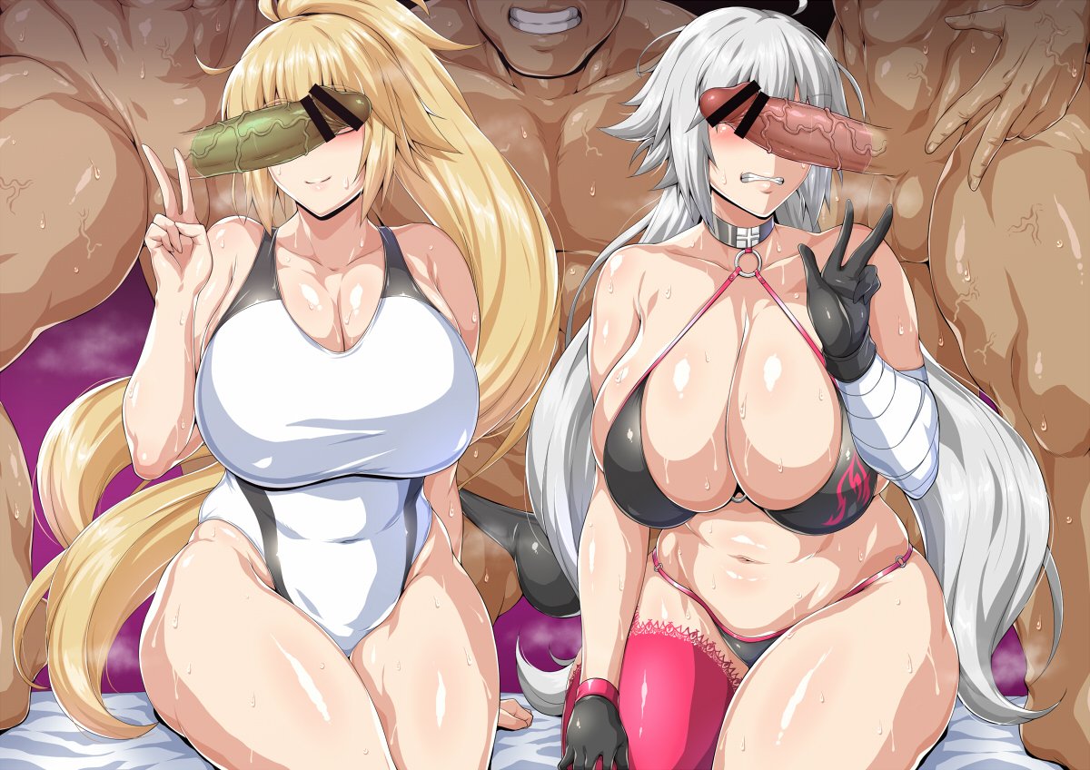 2girls 3boys bandaged_arm bandages bar_censor bed_sheet bikini black_bikini black_gloves blonde_hair blush breasts cant_see_the_haters censored choker cleavage clenched_teeth closed_mouth clothed_female_nude_male condom condom_on_penis covered_navel fate/grand_order fate_(series) gloves grey_hair identity_censor jeanne_alter jeanne_d'arc_(fate) jeanne_d'arc_(swimsuit_archer) jeanne_d'arc_(swimsuit_archer)_(second_ascension)_(fate) jeanne_d'arc_alter_(fate) jeanne_d'arc_alter_(swimsuit_berserker)_(fate) large_breasts long_hair multiple_boys multiple_girls multiple_penises muscular muscular_male navel nude o-ring o-ring_bikini parted_lips penis penis_on_face penis_over_eyes pink_thighhighs saintshiro single_thighhigh sitting smile straight sweat swimsuit teeth thighhighs v very_long_hair white_one-piece_swimsuit