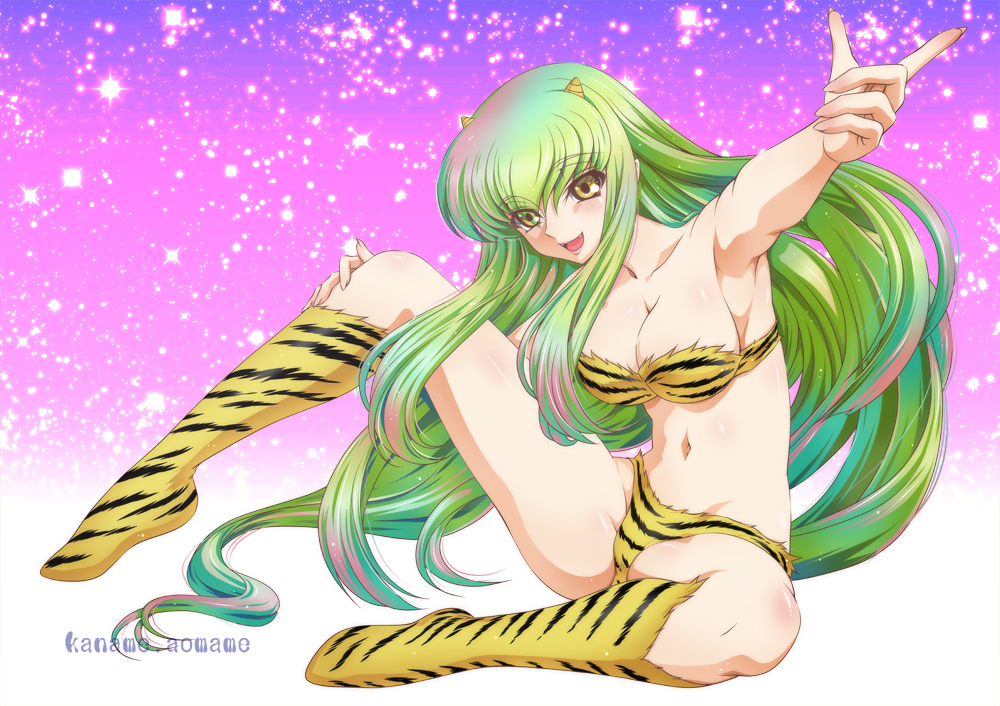 1girls alternate_costume animal_print big_breasts c.c. code_geass female green_hair kaname_aomame lum_(cosplay) solo tagme urusei_yatsura yellow_eyes