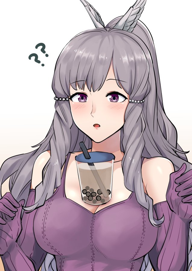 1girls ? ?? ameno_(a_meno0) arm_length_gloves bad_id bad_twitter_id blush breasts brown_hair bubble_tea bubble_tea_challenge cleavage commentary_request elbow_gloves eyebrows_visible_through_hair female female_only fire_emblem fire_emblem_awakening gloves hair_ornament large_breasts long_hair medium_breasts nintendo open_mouth purple_eyes purple_gloves silver_hair simple_background solo sumia_(fire_emblem) upper_body white_background