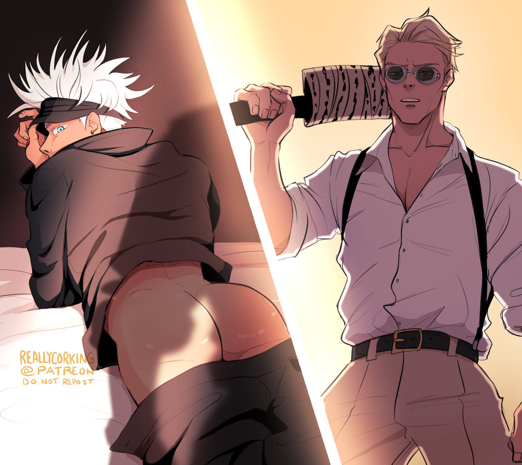 2boys ass bite_mark black_hair blindfold blindfold_lift blonde_hair blue_eyes clothes_lift gay jujutsu_kaisen kento_nanami looking_back male_focus multiple_boys no_sex no_visible_genitalia pants pants_pull reallycorking satoru_gojo shirt submissive_male third-party_source white_hair white_shirt yaoi