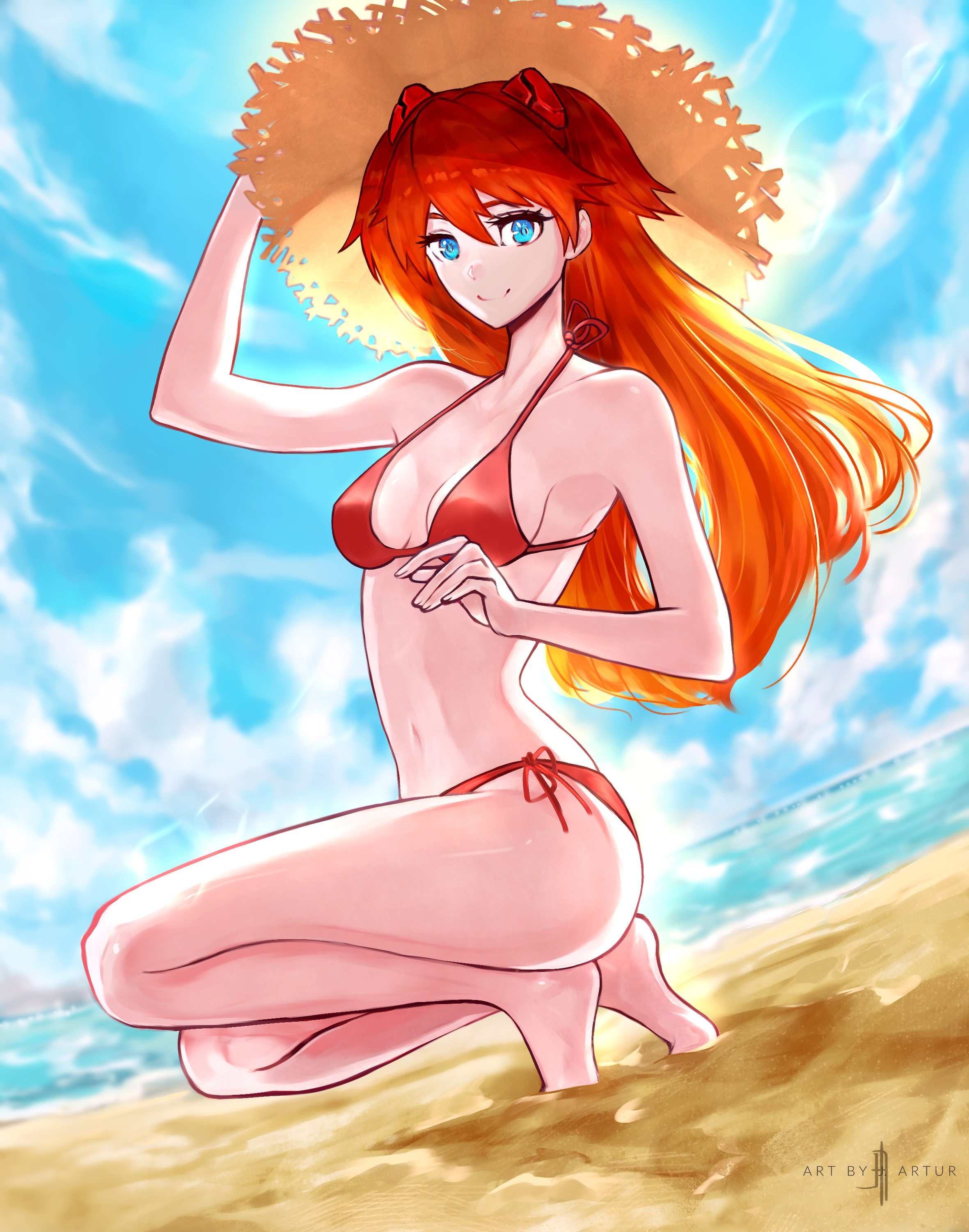 :), 1girls, aqua eyes, asuka langley sohryu, beach, bikini, blue eyes, breasts, chest, crouching, female, female only, fully clothed, happy, j artur, legs, long hair, looking at viewer, medium breasts, navel, neon genesis evangelion, ocean, orange hair, red bikini, red hair, red swimsuit, small breasts, smile, solo, solo female, straw hat, swimsuit, tagme, thighs, tiptoes