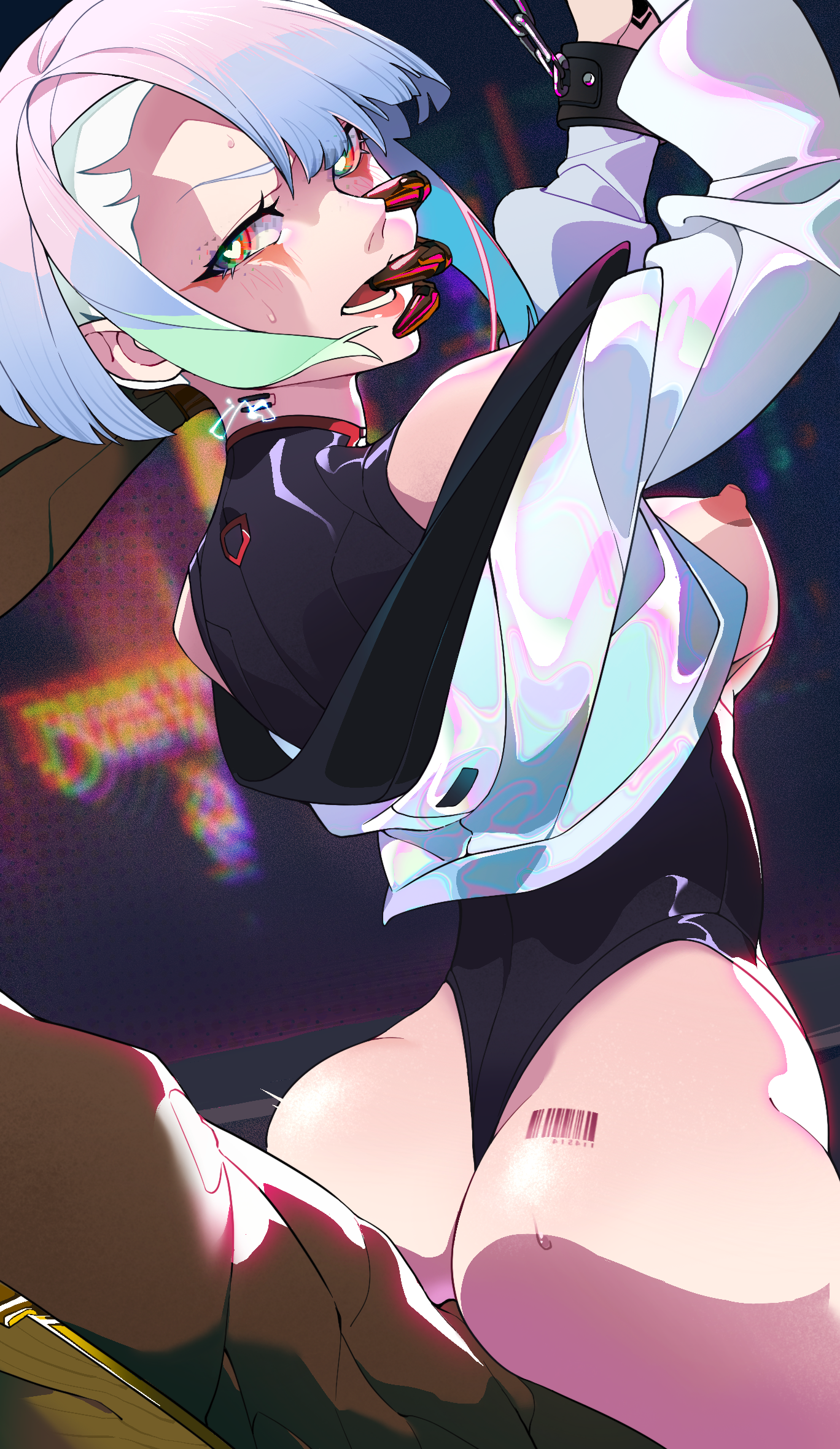 1boy, 1girls, artist request, cd projekt red, cyberpunk 2077, cyberpunk: edgerunners, cyborg, dark skin, dark-skinned male, female, light skin, light-skinned female, looking back, lucyna kushinada, male, netflix, pale skin, pale-skinned female, robotic arm, rough sex, short hair, studio trigger, white hair