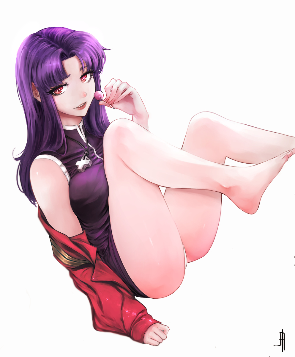 1girls adult ass black_clothing black_dress breasts candy cross_necklace eyelashes female female_only j_artur legs_up lingerie lipstick lollipop looking_at_viewer makeup mature_female milf misato_katsuragi necklace neon_genesis_evangelion nice_ass open_mouth panties presenting purple_hair red_clothing red_eyes red_jacket seductive seductive_eyes seductive_look solo solo_female tagme