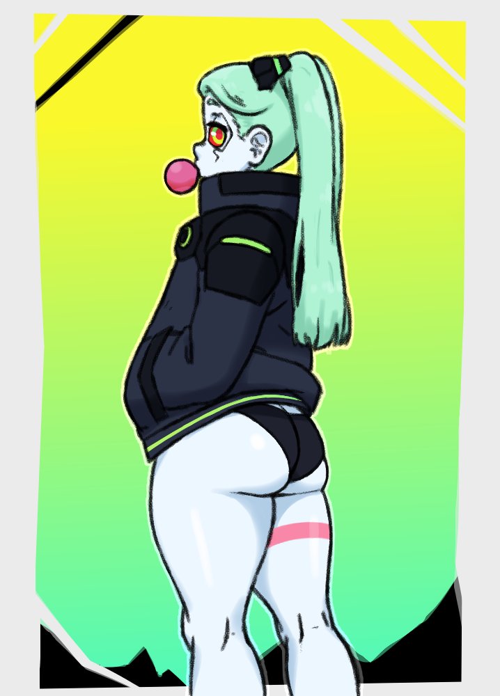 1girls, ass, ass cleavage, ass crack, big ass, black jacket, black panties, bottomwear, bubble gum, butt crack, clothing, cyan hair, cyberpunk 2077, cyberpunk: edgerunners, female, female only, flat chest, flat chested, huge ass, human, jacket, nonsexual, outerwear, pale skin, panties, rebecca (edgerunners), red sclera, rottedpaint, solo, solo female, thighs, topwear, twintails