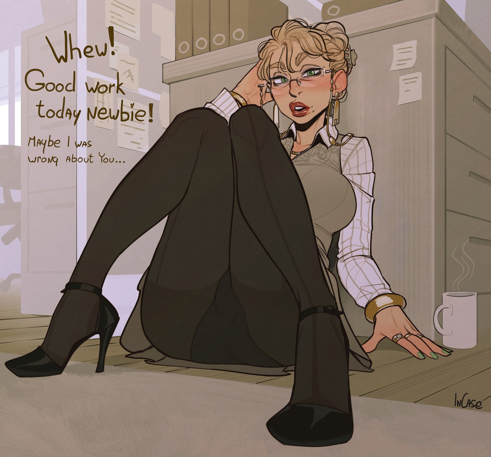 1girls, bent legs, blonde hair, dialogue, english text, female, female only, glasses, green eyes, heels, hi res, incase, looking at viewer, mature female, narrowed eyes, office lady, pantyhose, red lipstick, sitting, sitting on floor, solo, solo female, talking to viewer, tied hair