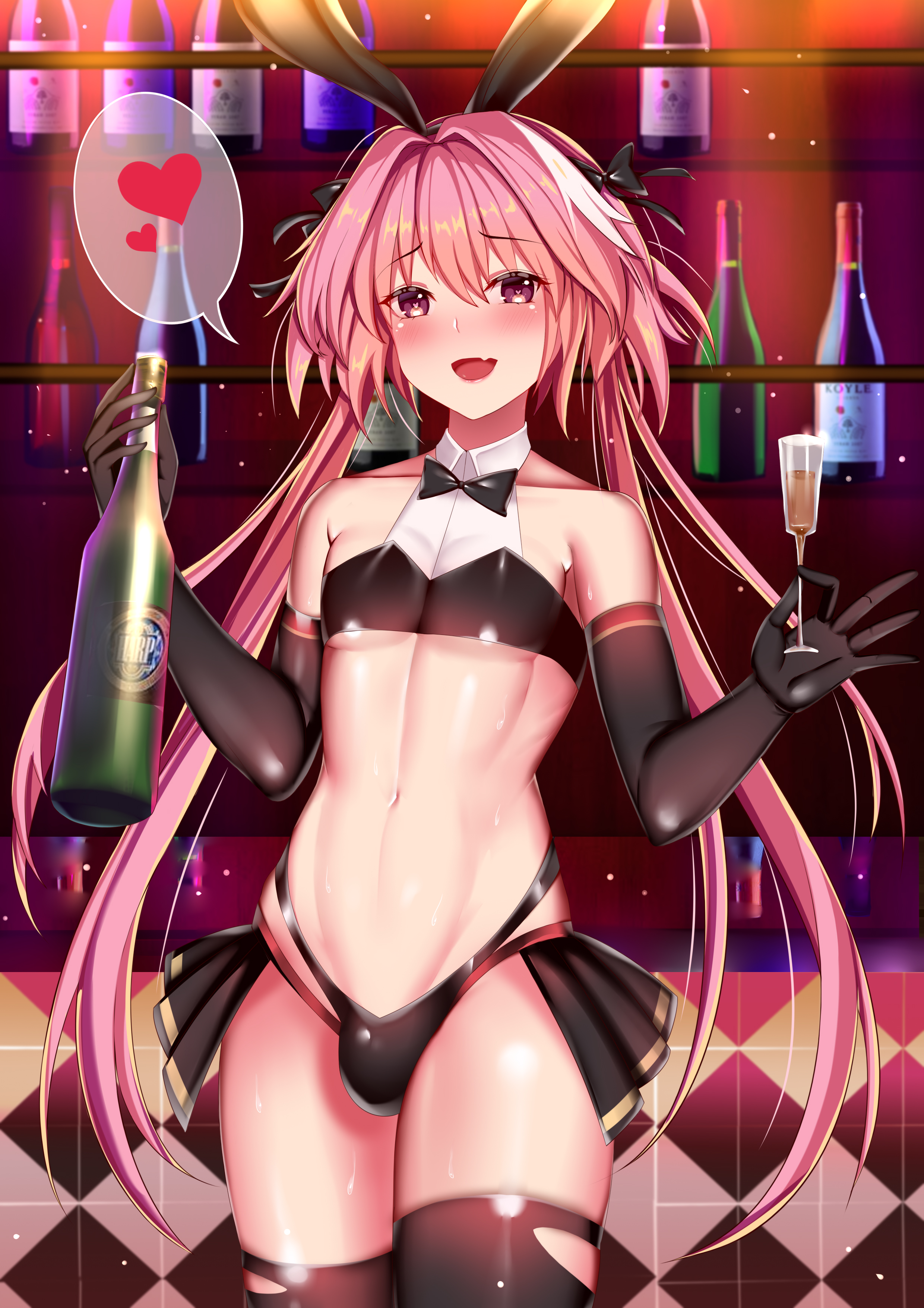 1boy, 2019, abs, absurdres, animal ears, astolfo (fate), astolfo (saber) (fate), bangs, bar, bare shoulders, black bow, black bowtie, black gloves, black panties, black ribbon, black shirt, black skirt, blush, bottle, bow, bowtie, bulge, canon crossdressing, collarbone, counter, crop top, cup, drinking glass, elbow gloves, fate (series), fate/grand order, femboy, gloves, hair between eyes, hair intakes, hair ribbon, hairbow, heart, heart-shaped pupils, highleg, highleg panties, highres, long hair, looking at viewer, low twintails, male, male focus, male only, male playboy bunny, multicolored hair, navel, oerba yun fang, open mouth, otoko no ko, panties, pink hair, pleated skirt, purple eyes, rabbit ears, ribbon, shelf, shirt, skirt, smile, solo, spoken heart, streaked hair, symbol-shaped pupils, trap, twintails, underwear, white hair, wine bottle, wing collar, xue fengzi