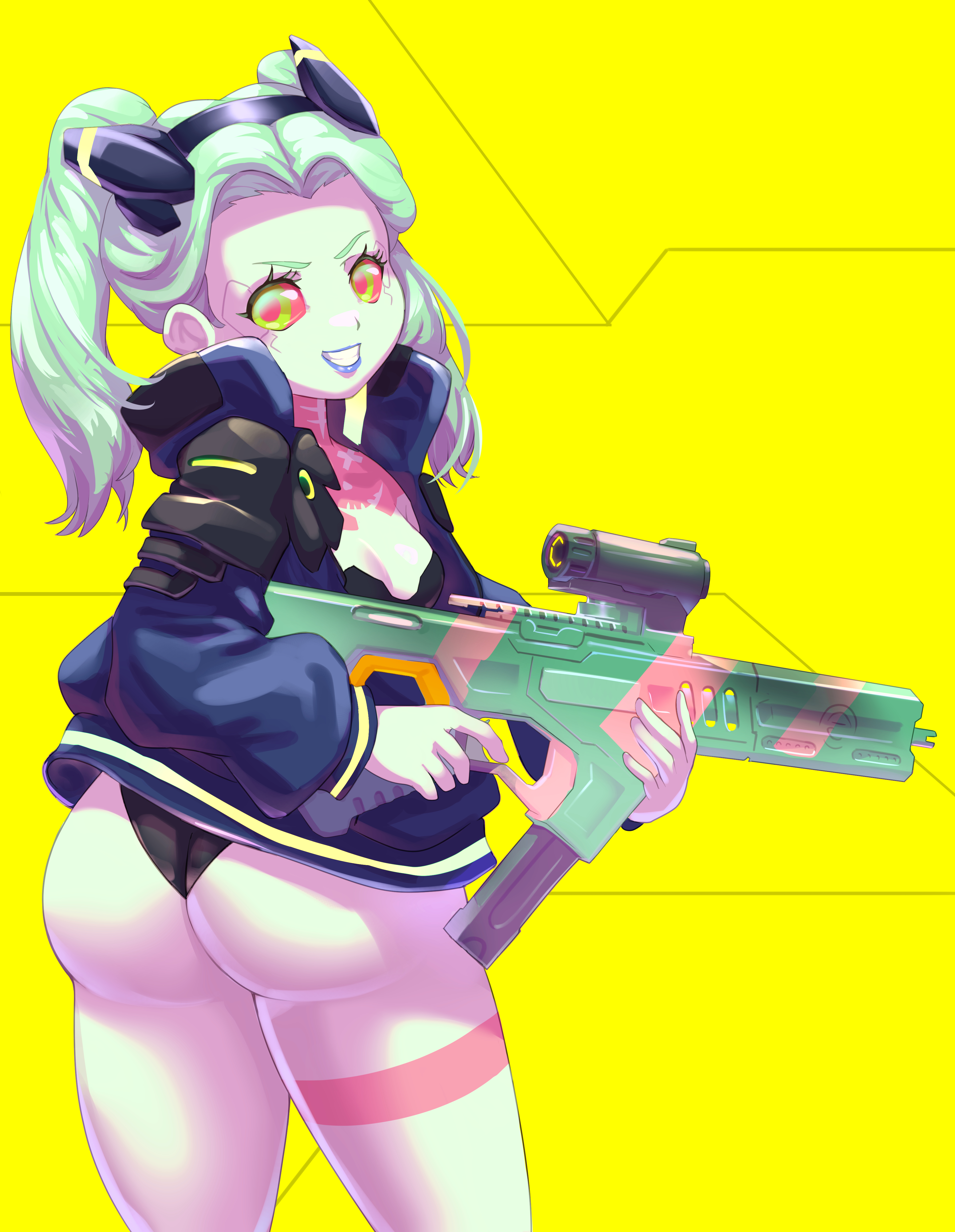 1girls, ass, body markings, breasts, cjhomics, clothing, cybernetics, cyberpunk 2077, cyberpunk: edgerunners, cyborg, eye contact, female, female only, firearm, flat chest, flat chested, green eyes, gun, human, looking at viewer, outerwear, pale skin, panties, rebecca (edgerunners), red sclera, rifle, small breasts, smaller female, smile, solo, solo female, standing, thick thighs, thighs, twintails, weapon, young, young female, younger female