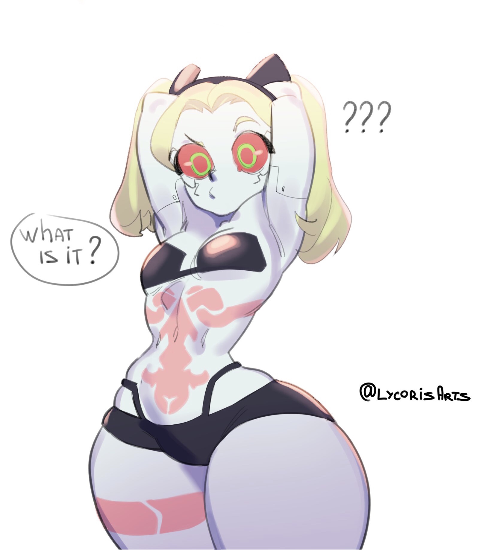 1girls, armpits, bottom heavy, breasts, child bearing hips, cybernetics, cyberpunk 2077, cyberpunk: edgerunners, cyborg, edit, english text, female, female only, flat chest, flat chested, green eyes, long hair, lycoris (artist), pear shaped, pear shaped female, pear-shaped figure, rebecca (edgerunners), red sclera, small breasts, small nose, speech bubble, standing, text, thick thighs, thighs, third-party edit, thunder thighs, twintails, very small nose, wide hips
