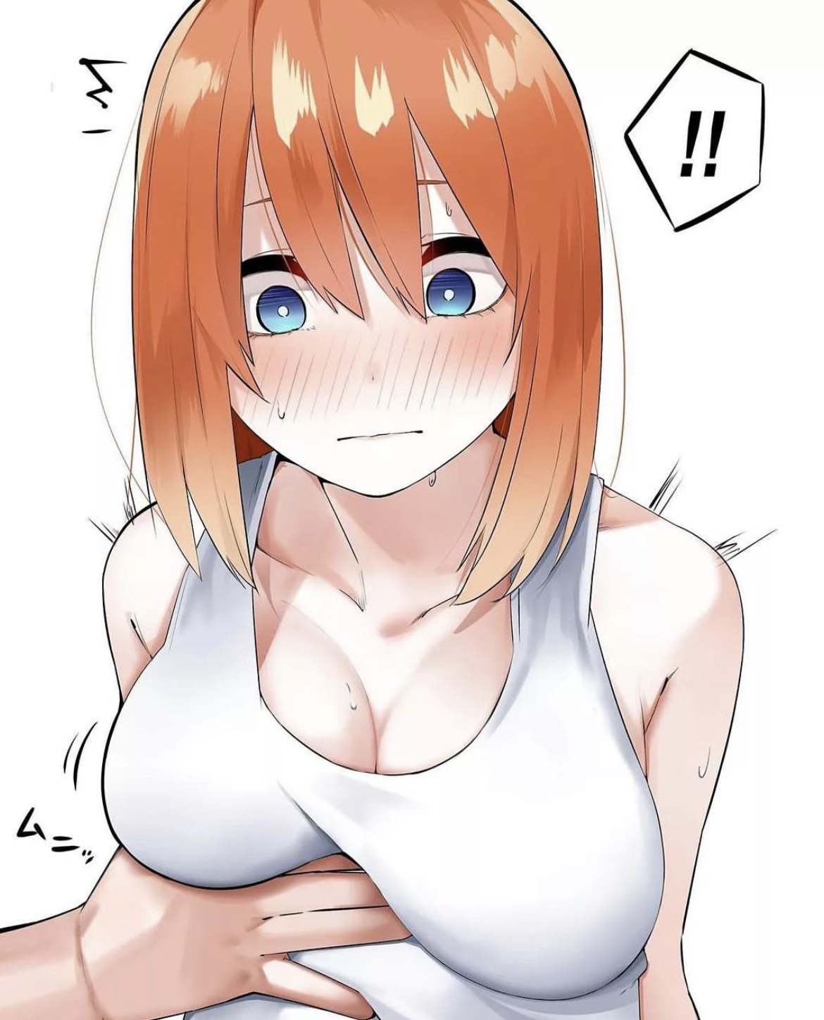 blush, breast grab, breasts, confused, embarrassed, female, fully clothed, go-toubun no hanayome, groping, innocent, nakano yotsuba, orange hair, surprised, tank top