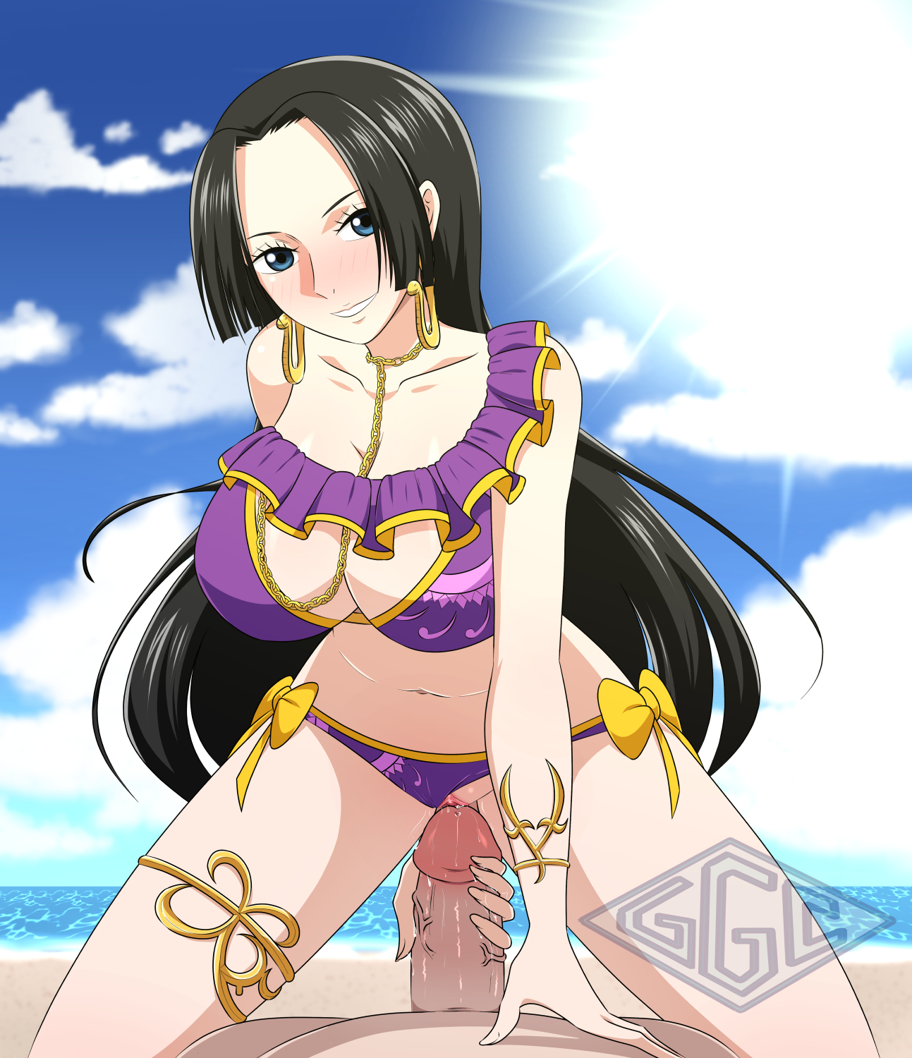 1boy, 1girls, beach, black hair, black-haired female, blue eyes, boa hancock, breasts, celestial dragon, cleavage, earrings, female, female focus, femsub, ggc, handjob, happy, hourglass figure, imminent penetration, large breasts, long hair, looking at viewer, male, male pov, maledom, obese male, one piece, overweight male, panties, panties aside, penis, pov, purple bikini, purple panties, pussy, small waist, smile, smiling, spread legs, tenryuubito, thick thighs, thighs, uncensored, underwear, wide hips