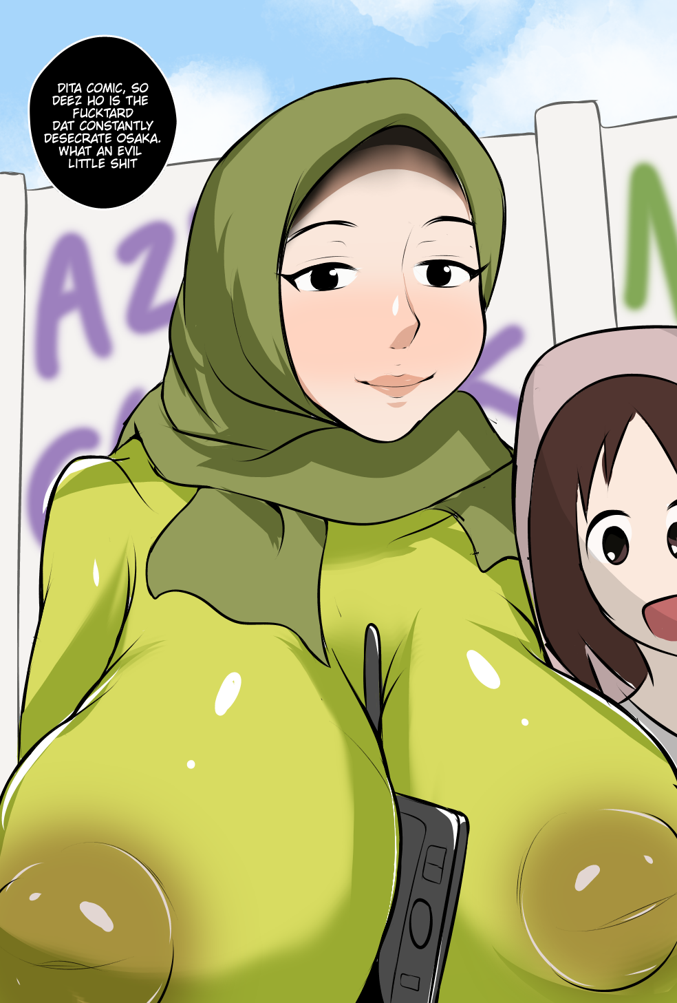 achmad_sjahrir artist_self-insert asian asian_female azumanga_daiou big_breasts english_text female_focus hijab huge_breasts muslim nipples nipples_visible_through_clothing original_character osaka_ayumu_kasuga self_insert smiling text tight_clothing voluptuous