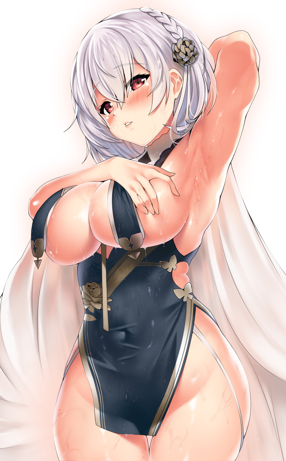 arm_behind_head arm_up armpits azur_lane bangs blush braid breast_curtains breasts china_dress chinese_clothes cowboy_shot dress female garter_straps hair_between_eyes hair_ornament hand_on_own_chest head_tilt highres kawai_(purplrpouni) large_breasts looking_at_viewer parted_lips red_eyes revealing_clothes short_hair sirius_(azur_lane) sirius_(azure_horizons)_(azur_lane) solo wet white_hair