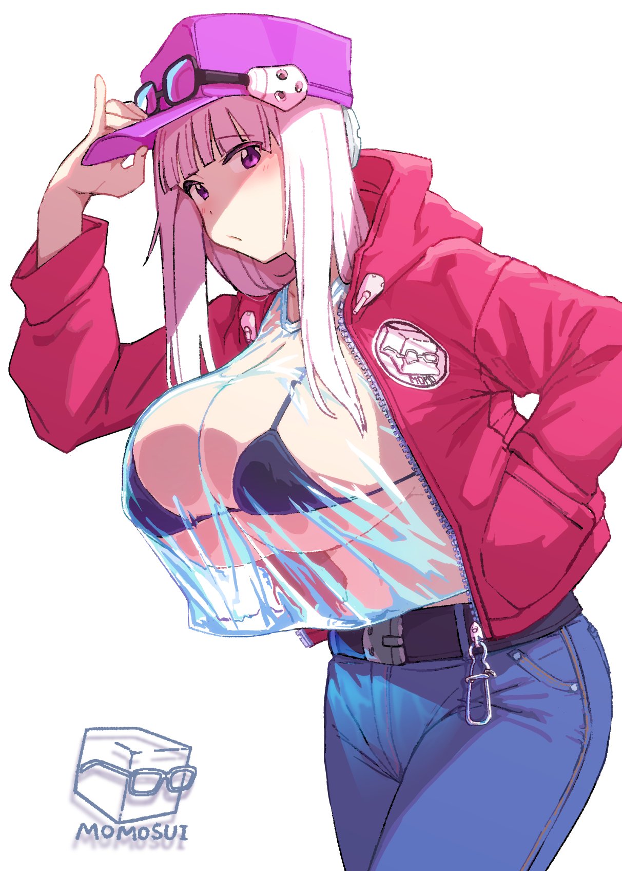 1girls big_breasts bikini_top breasts busty curves curvy female female_only glasses glasses_on_hat glasses_removed hand_on_hat hat hoodie huge_breasts jacket jeans large_breasts momo_no_suidou-sui original original_character pink_eyes pink_hair purple_eyes see-through see-through_clothing see_through solo standing tagme vinyl violet_eyes white_hair