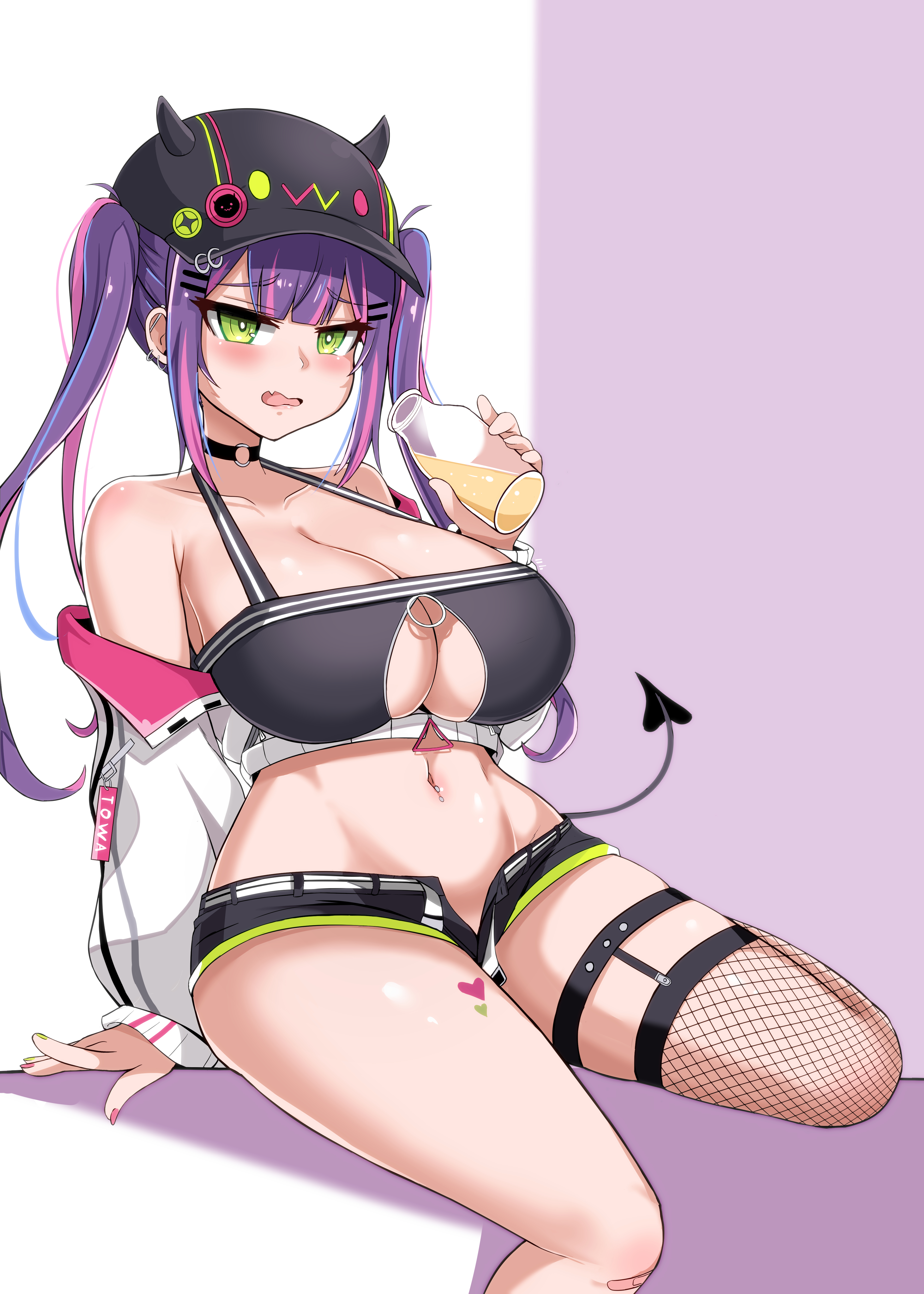 absurdres, alternate breast size, asanagi (style), baseball cap, black choker, black headwear, black shorts, bottle, breasts, choker, cleavage, demon, demon girl, ear piercing, female, fishnet thighhighs, fishnets, green eyes, hair ornament, hairclip, hat, heart, heart tattoo, highres, holding, holding bottle, holoforce, hololive, hololive japan, jacket, kim wang jang, large breasts, long hair, long sleeves, multicolored hair, nail polish, navel, navel piercing, oerba yun fang, open fly, piercing, pink hair, pink nails, purple hair, short shorts, shorts, single thighhigh, sitting, skin fang, solo, tattoo, thighhighs, tokoyami towa, twintails, virtual youtuber, white jacket, yellow nails