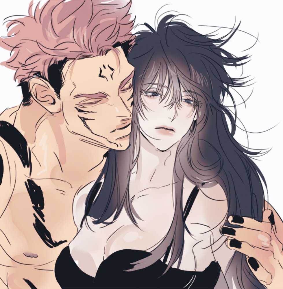 1boy, 1girls, abcdefggfedv, bangs, black dress, black nails, blue eyes, breasts, chest tattoo, cleavage, closed eyes, closed mouth, collarbone, dress, eyelashes, female, fushiguro megumi, genderswap, genderswap (mtf), hair between eyes, jujutsu kaisen, large breasts, long hair, male, male/female, nail polish, nipples, penis, pink hair, rule 63, ryoumen sukuna (jujutsu kaisen), short hair, straight, tattoo, topless male, very long hair