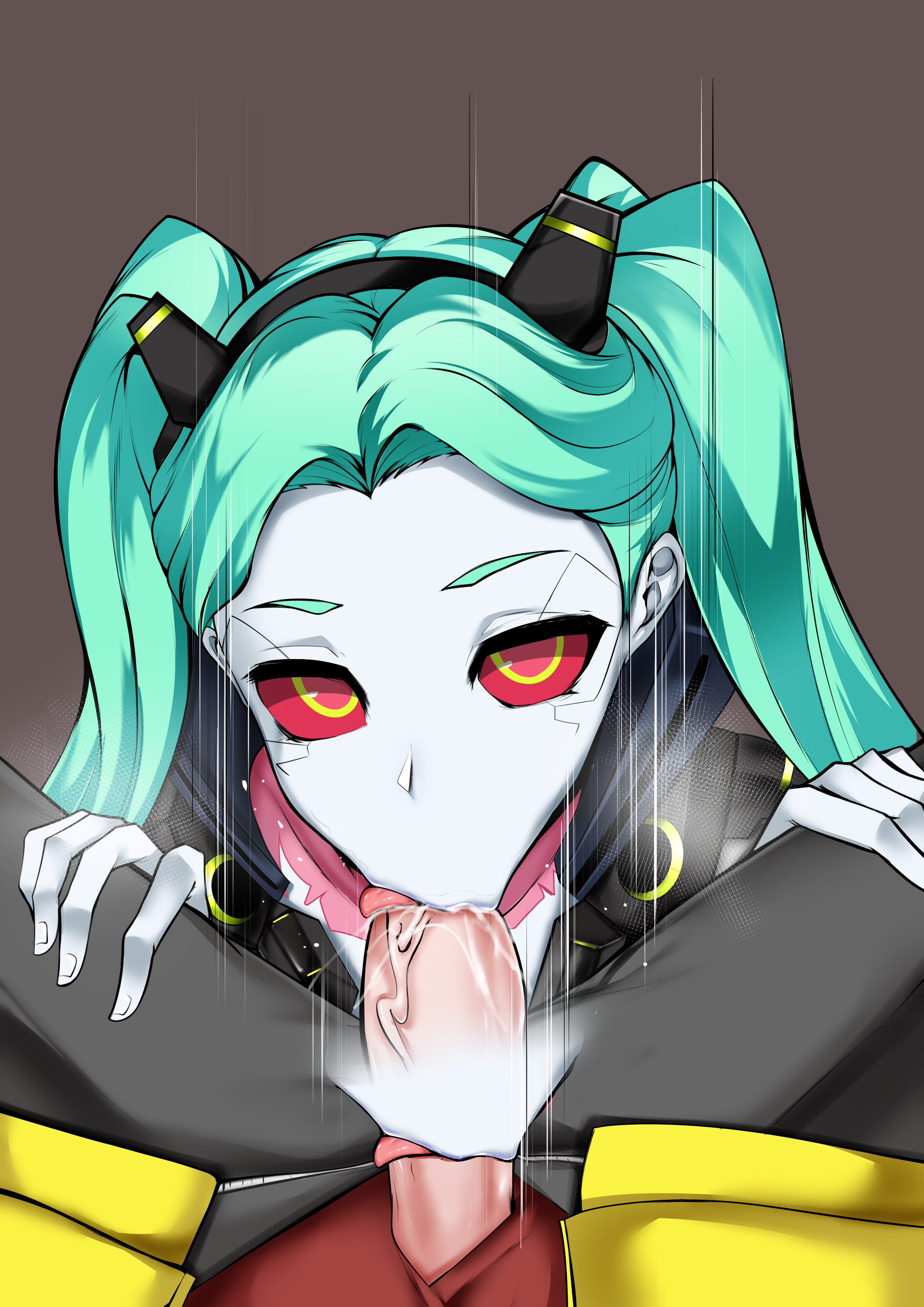 :>=, 1boy, 1girls, big penis, blowjob, blush, cd projekt red, clothing, cybernetics, cyberpunk 2077, cyberpunk: edgerunners, cyborg, david martinez (edgerunners), deepthroat, eye contact, fellatio, fellatio gesture, female, fully clothed, green eyes, human, jacket, looking at viewer, male, motion lines, netflix, oral, outerwear, owner (artist), pale skin, penis, pov, rebecca (edgerunners), red sclera, straight, studio trigger, twintails, uncensored, veiny penis, visible breath