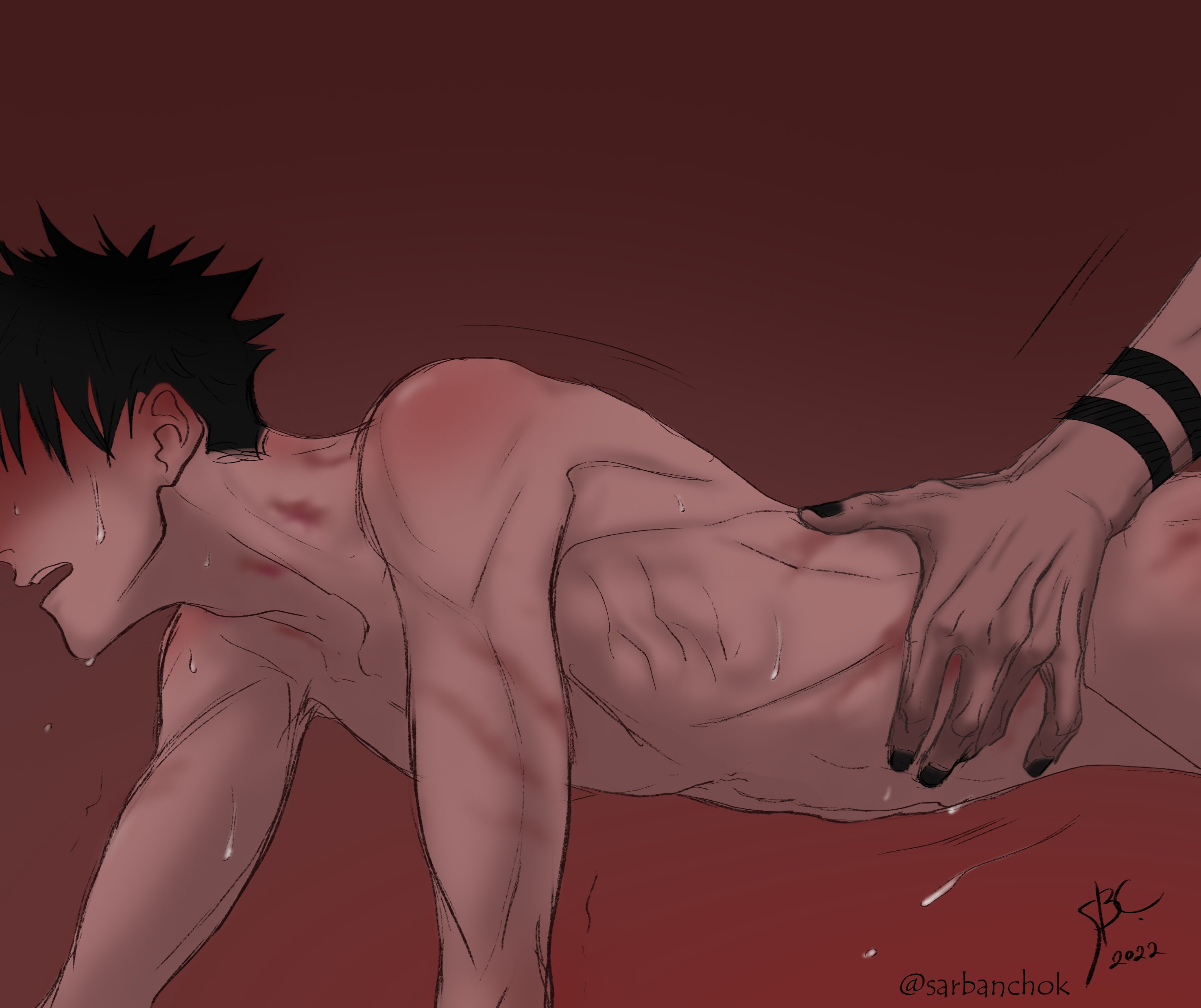 2boys, anal, arm tattoo, black hair, black nails, blush, bruise, collarbone, completely nude, doggy style, full-face blush, fushiguro megumi, gay, hickey, implied sex, injury, jujutsu kaisen, male, male focus, male only, male/male, moaning, multiple boys, multiple males, nail polish, nude, open mouth, ryoumen sukuna (jujutsu kaisen), sarbanchok, sex, sex from behind, short hair, spiked hair, stomach, tattoo, waist grab, yaoi