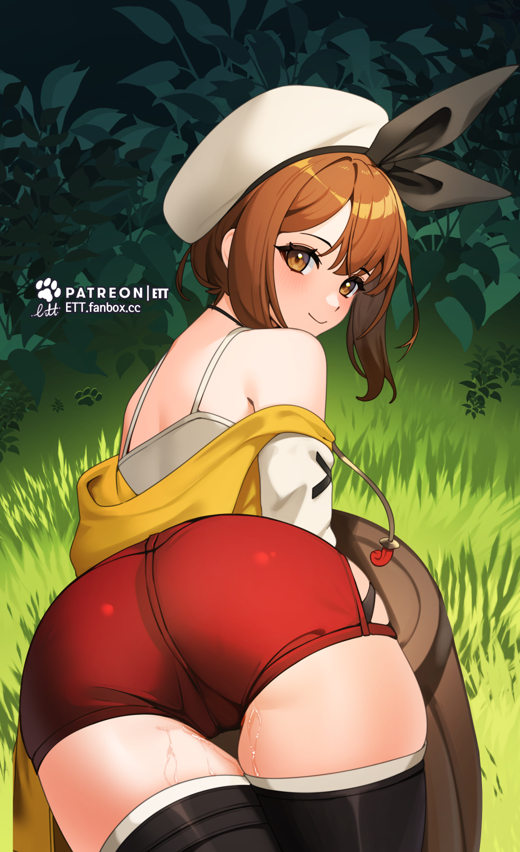 1girls, ass, ass focus, atelier (series), atelier ryza, back, back view, big ass, big butt, blush, blushing, brown eyes, brown hair, ett, female, female only, grass, hat, horny, horny female, huge ass, huge butt, jacket, large ass, large butt, looking at viewer, looking back, pussy, pussy juice, pussy juice drip, reisalin stout, short hair, shorts, smile, smiling, tagme, thick, thick ass, thick thighs, thigh highs, thighhighs, thighs, tight pants, wet, wet pussy