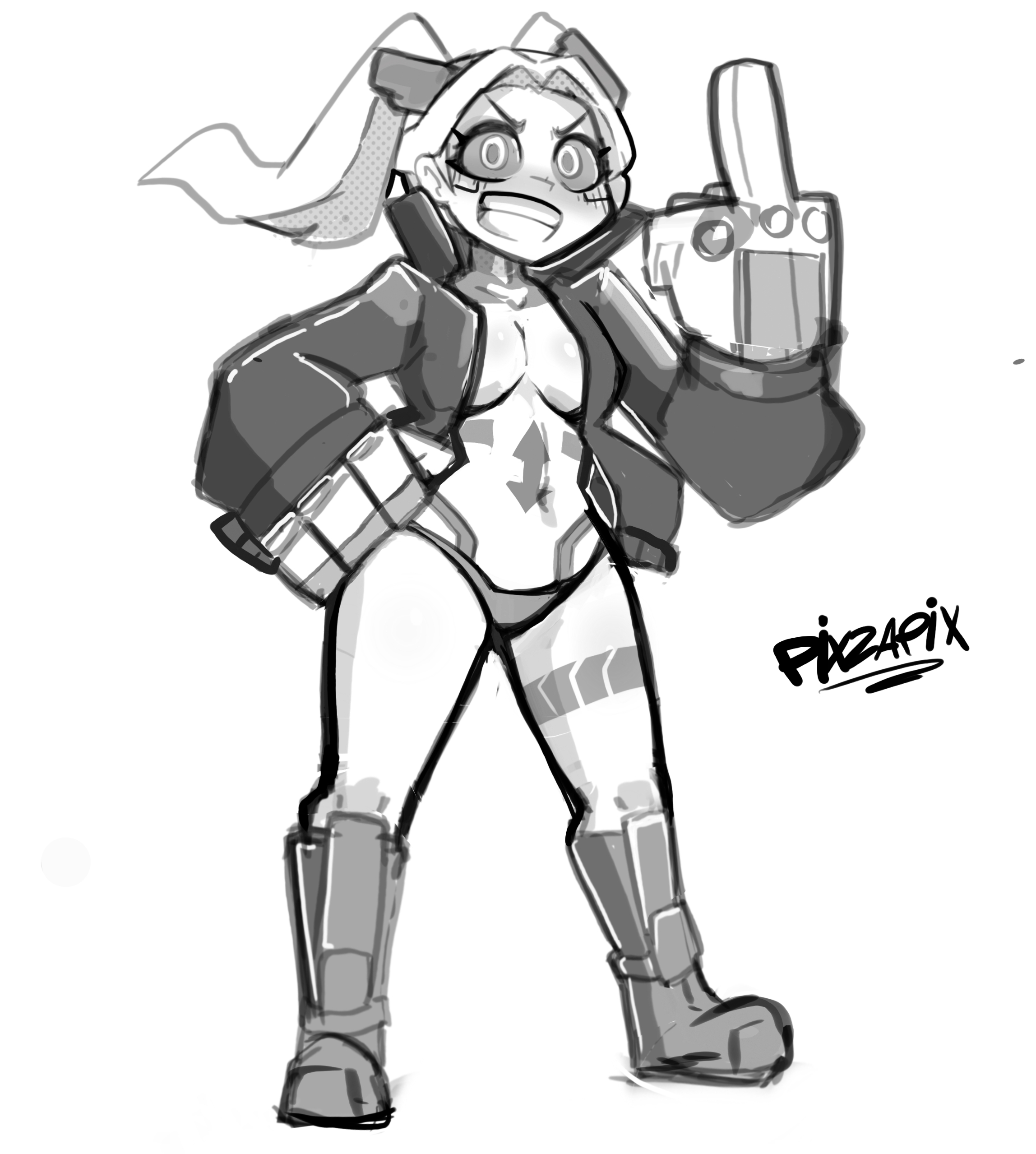 cyberpunk 2077, cyberpunk: edgerunners, embarrassed, female, female focus, female only, long hair, monochrome, nude, nude female, pixzapix, rebecca (edgerunners), thick thighs, thighs