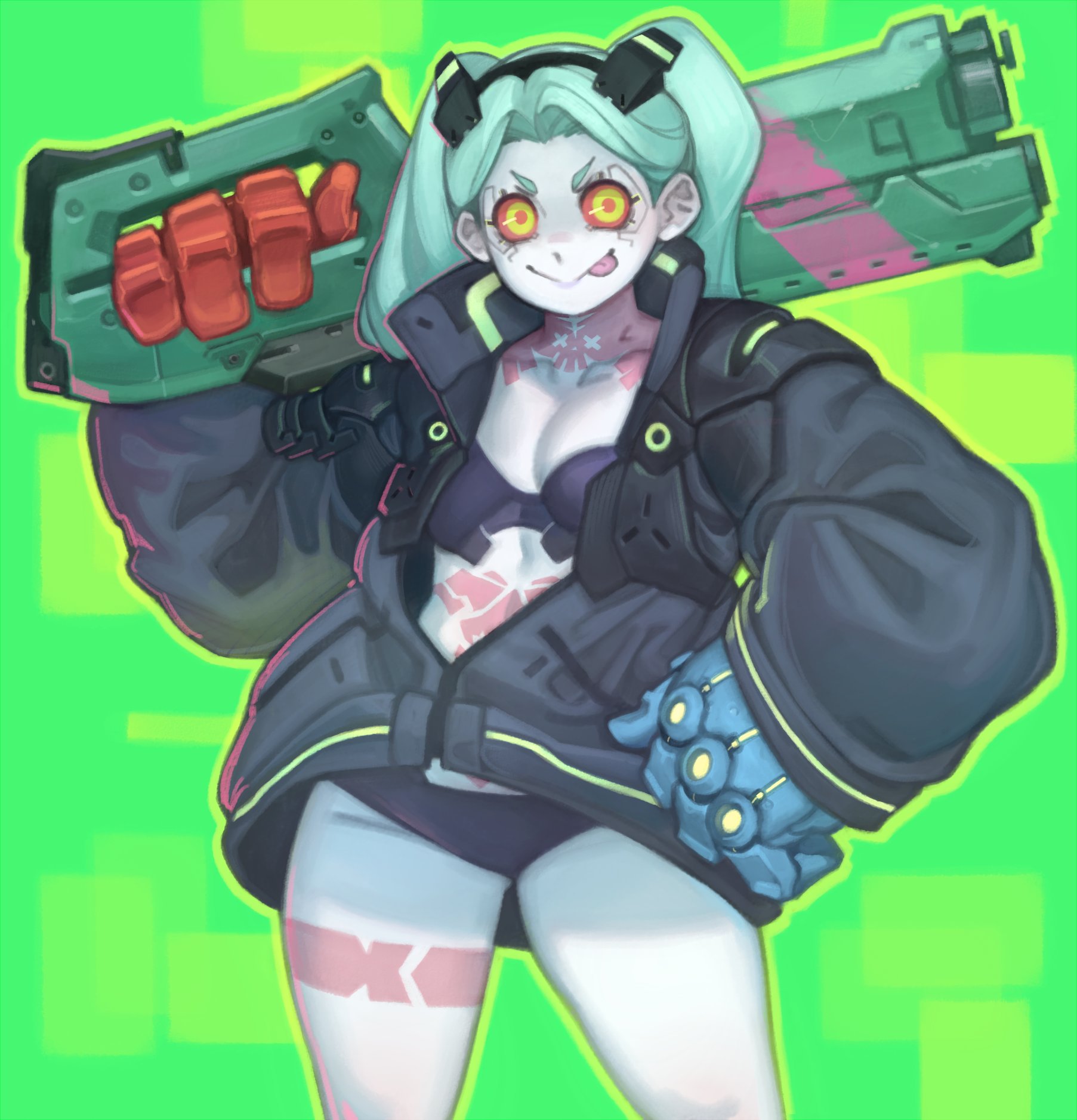bikini, bikini bottom, bikini top, bomber jacket, bra, breasts, clothing, cybernetic gloves, cybernetics, cyberpunk 2077, cyberpunk: edgerunners, cyborg, female, female only, firearm, flat chested, gun, heavy jacket, holding gun, holding weapon, human, jacket, kelvin hiu, light skin, light-skinned female, nonsexual, outerwear, pale skin, petite, petite body, rebecca (edgerunners), red eyes, shotgun, small breasts, smaller female, tattoo, tattoos, teal hair, thighs, tongue, tongue out, unusual anatomy, unusual eyes, unusual pupils, weapon