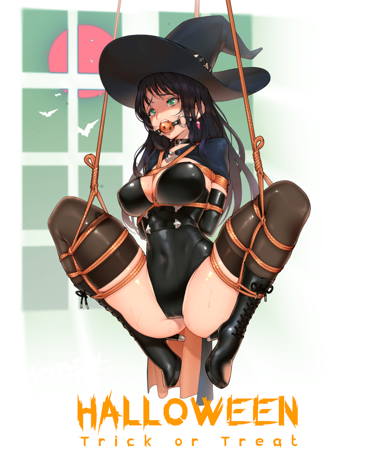 1girls, ball gag, big breasts, black gloves, black hair, black legwear, bondage, boots, bound, breasts, decoration, drooling, elbow gloves, female, gag, gagged, gloves, green eyes, halloween, halloween costume, heel boots, heeled boots, hidden, long hair, objectification, rope, socks, stockings, thighhighs, tied up, witch, witch hat