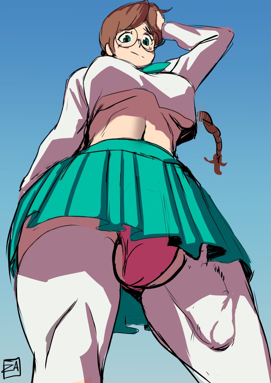 1futa, 2022, balls, balls in panties, big balls, big breasts, big penis, braid, braided hair, breasts, brown hair, bulge, claire (zestysauce), clothed, clothing, fully clothed, futa only, futanari, glasses, green eyes, human, intersex, light skin, light-skinned futa, long hair, low-angle view, panties, penis, penis in thighhighs, ponytail, school uniform, skirt, solo, standing, tagme, upskirt, zestysauce