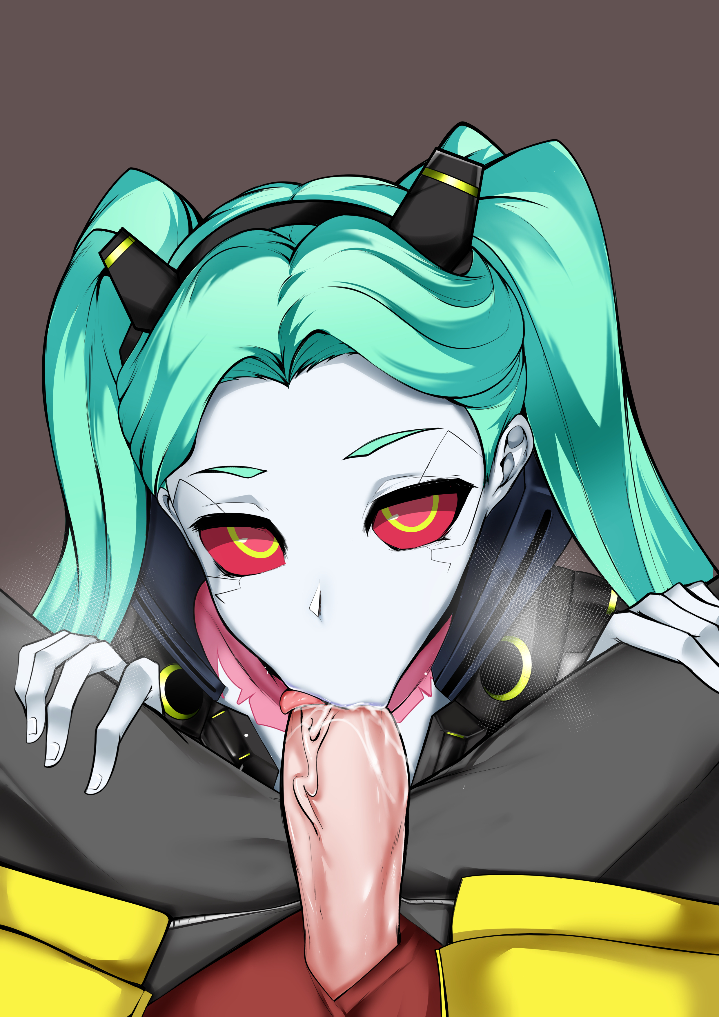 :>=, 1boy, 1girls, big penis, blowjob, blush, cd projekt red, clothing, cybernetics, cyberpunk 2077, cyberpunk: edgerunners, cyborg, david martinez (edgerunners), eye contact, fellatio, fellatio gesture, female, fully clothed, green eyes, human, jacket, looking at viewer, male, netflix, oral, outerwear, owner (artist), pale skin, penis, pov, rebecca (edgerunners), red sclera, straight, studio trigger, twintails, uncensored, veiny penis, visible breath