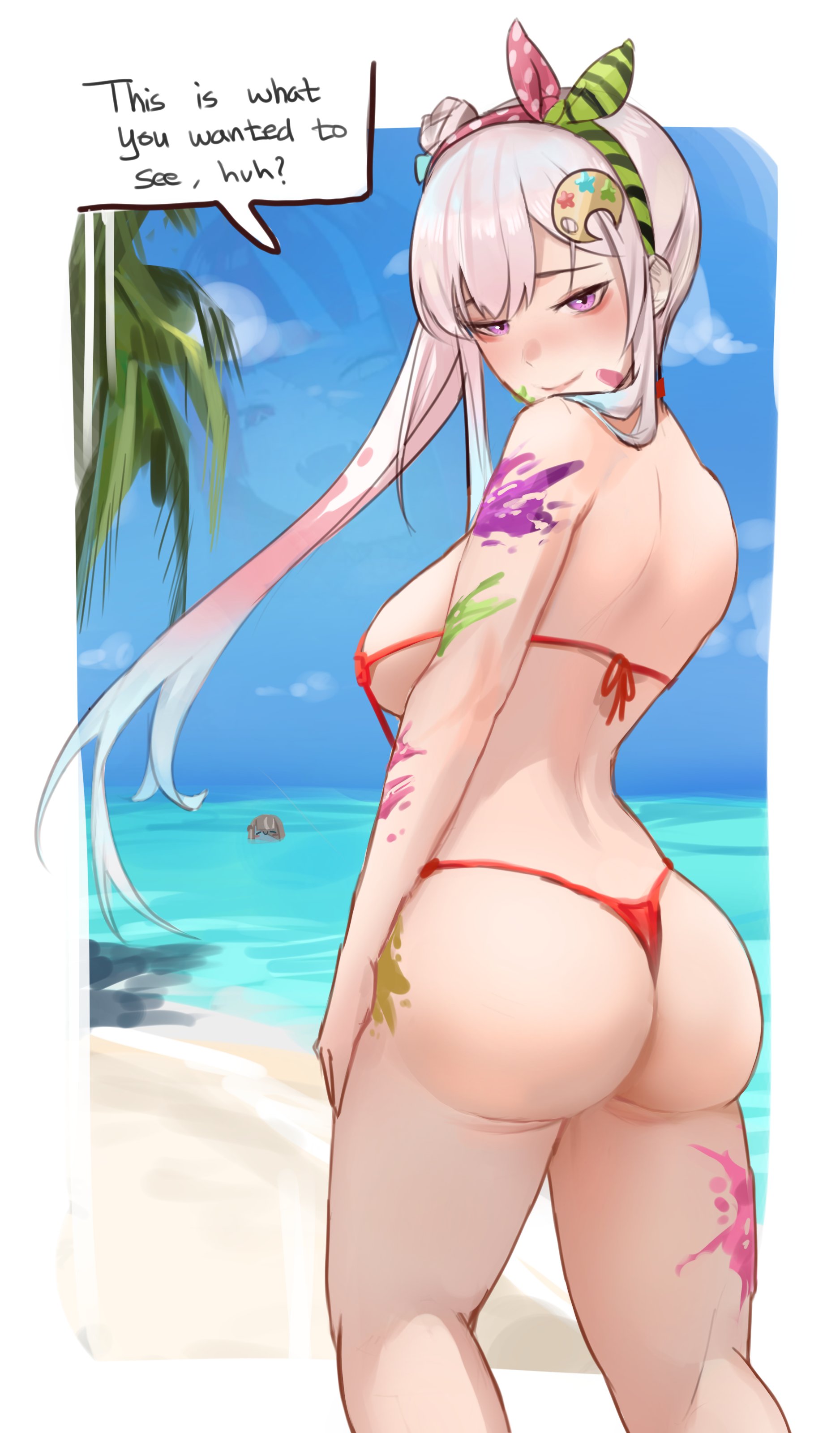 airani iofifteen, ass, big ass, bikini, english text, hololive, hololive indonesia, hololive indonesia area 15, paint on body, seductive, string bikini, swimsuit, tanukidraws, virtual youtuber