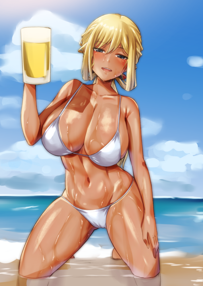 alcohol alice_gear_aegis ayuayu_(shouyu_no_sato) beer beer_mug bikini blonde_hair blue_eyes breasts cleavage cloud collarbone cup female head_tilt holding holding_cup huge_breasts kneeling looking_at_viewer midriff mug navel ocean open_mouth rita_henschel sky smile solo sweat swimsuit tan water white_bikini