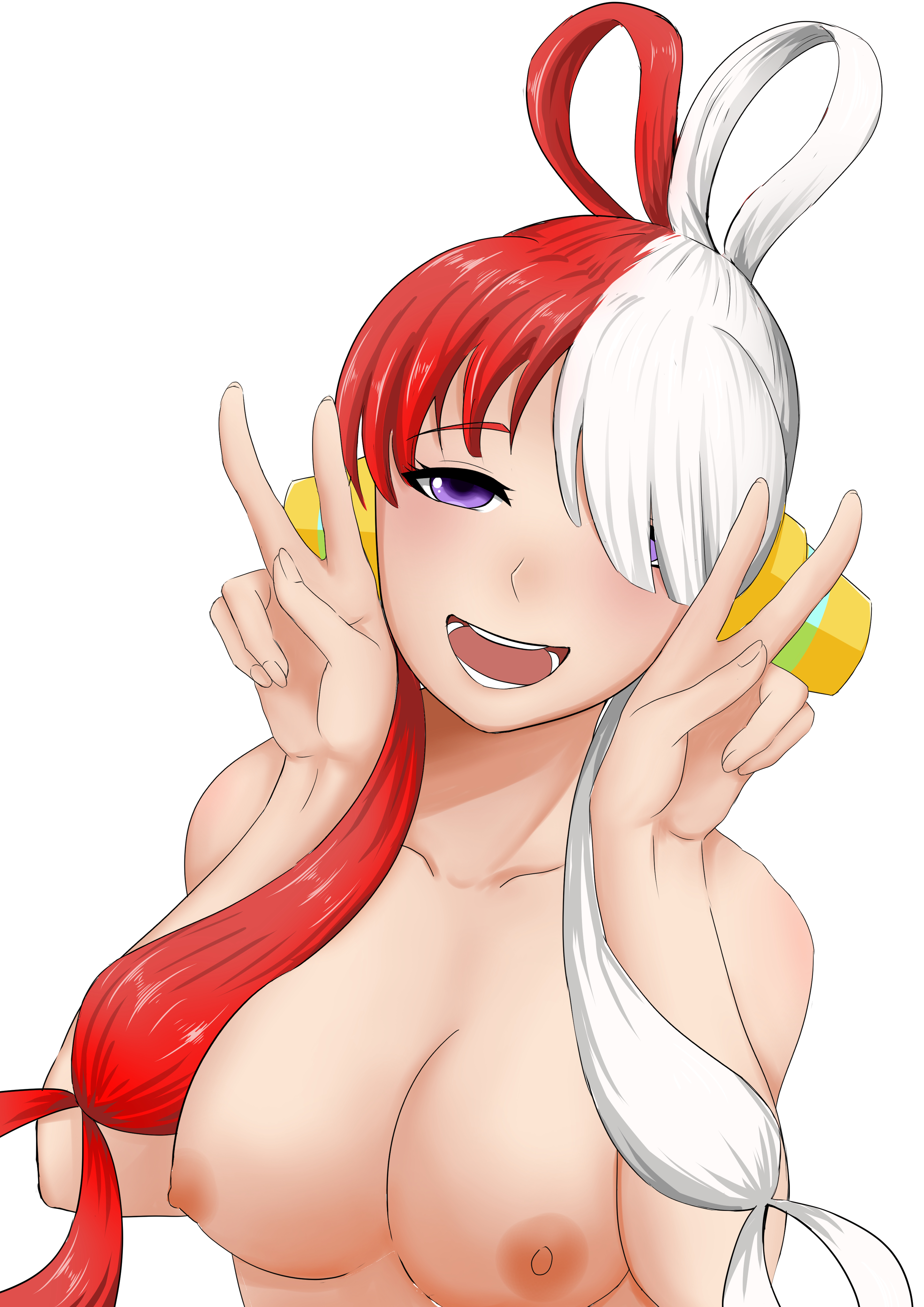1girls, female, female only, naked female, one piece, peace sign, red hair, red-haired female, two-tone hair, uta (one piece), white hair, white-haired female, yuukiponi